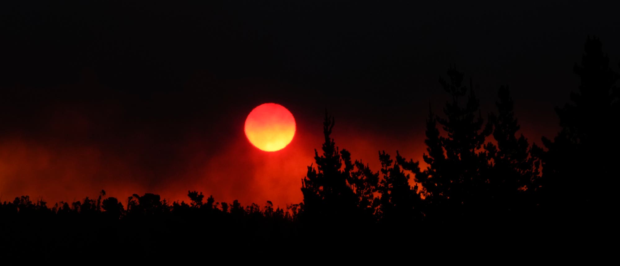 Glühende Sonne an einem düsteren Himmel: Der Rauch von Waldbränden sorgt dafür, dass das Sonnenlicht tiefrot erscheint, umrandet wird sie von Schwärze