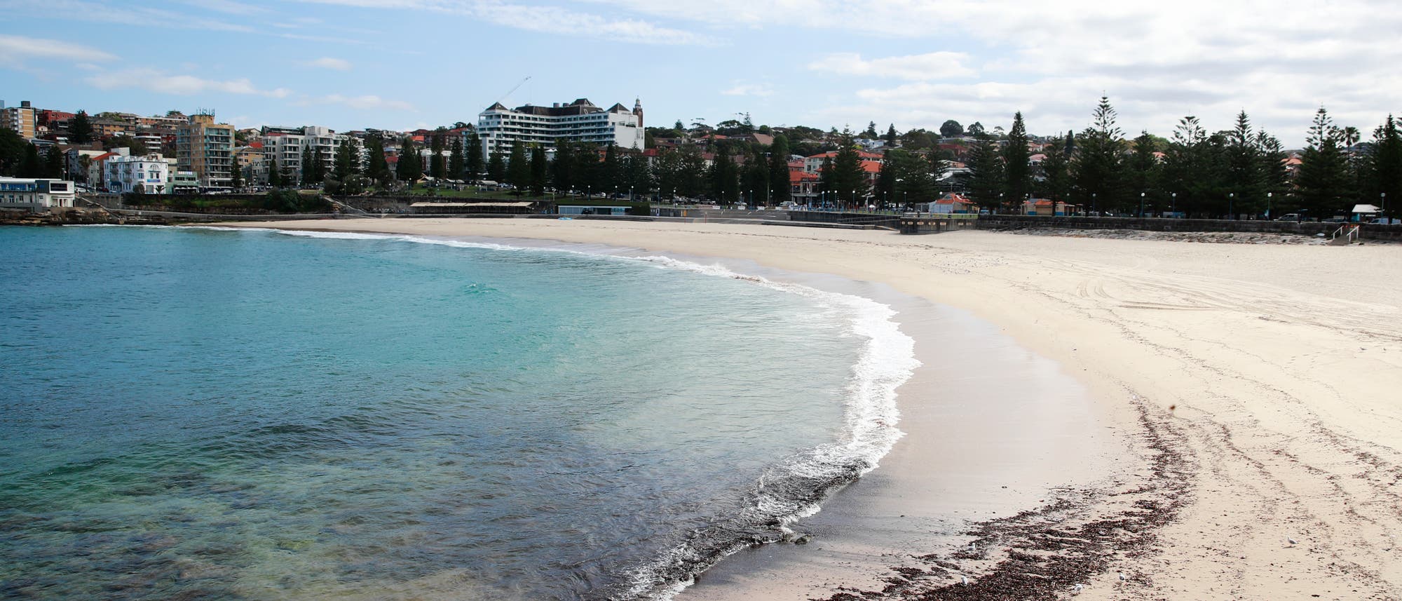 Schwarze Kugeln am Coogee Beach in Sydney bilden dunkle Ablagerungen im hellen Sand. Im Hintergrund des Strandes ist eine Stadt zu erkennen.