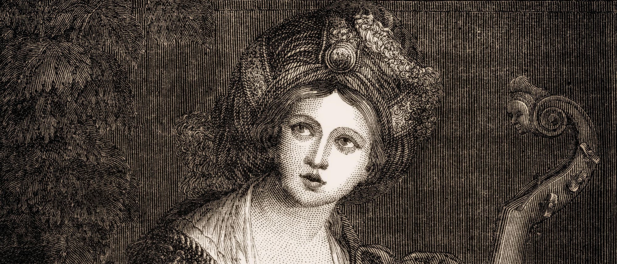 Eine historische Illustration zeigt eine Frau in einem aufwendigen Gewand, die neben einem Musikinstrument sitzt. Sie hält eine Schriftrolle mit Noten in der Hand. Im Hintergrund sind Blätter und ein dekorativer Vorhang zu sehen. Die Szene vermittelt eine Atmosphäre von Eleganz und künstlerischem Ausdruck.