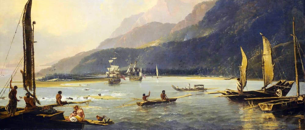 Ein Gemälde zeigt eine malerische Küstenszene mit mehreren Segelbooten und Kanus auf einem ruhigen Gewässer. Im Vordergrund sind Menschen in traditionellen polynesischen Booten zu sehen, die sich mit Paddeln fortbewegen. Etwas zurückgesetzt liegen zwei europäische Segelschiffe vor Anker. Im Hintergrund erheben sich majestätische Berge unter einem klaren Himmel. Die Szene vermittelt eine friedliche und idyllische Atmosphäre.
