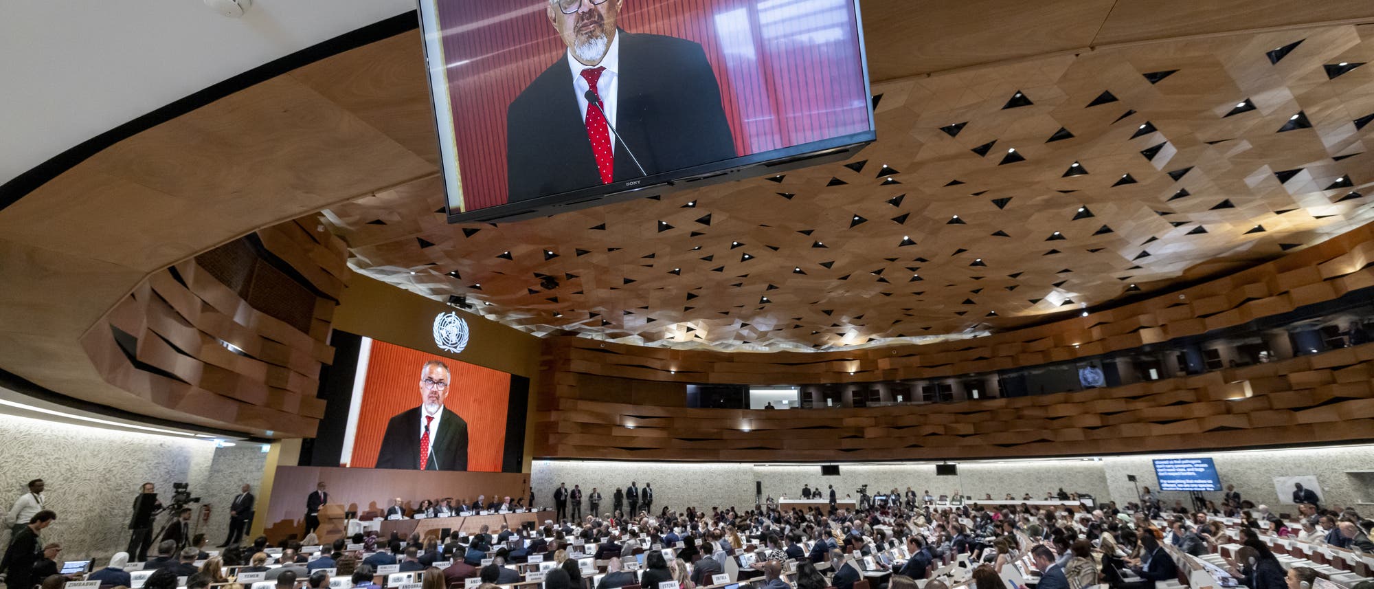 Ein großer Konferenzsaal mit vielen Delegierten, die an Tischen sitzen. An der Decke hängt ein großer Bildschirm, der einen Redner in einem schwarzen Anzug und roter Krawatte zeigt. Der Raum ist modern gestaltet mit einer hölzernen Deckenverkleidung. Im Hintergrund sind weitere Bildschirme und Kamerateams zu sehen. Die Atmosphäre ist formell und konzentriert, typisch für eine internationale Konferenz oder Versammlung. Ein großer Konferenzsaal mit vielen Delegierten, die an Tischen sitzen. An der Decke hängt ein großer Bildschirm, der einen Redner in einem schwarzen Anzug und roter Krawatte zeigt. Der Raum ist modern gestaltet mit einer hölzernen Deckenverkleidung. Im Hintergrund sind weitere Bildschirme und Kamerateams zu sehen. Die Atmosphäre ist formell und konzentriert, typisch für eine internationale Konferenz oder Versammlung.