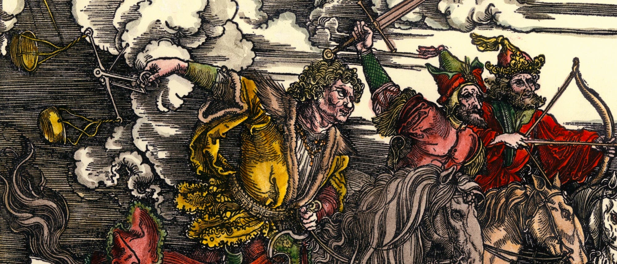 Eine dramatische, farbenfrohe Darstellung von Reitern auf Pferden, die durch eine stürmische, wolkenverhangene Szene galoppieren. Die Reiter sind in mittelalterliche Kleidung gehüllt und tragen Waffen. Die Szene vermittelt ein Gefühl von Chaos und Bewegung, mit dynamischen Linien und kräftigen Farben. Wolken und Rauch umgeben die Reiter.