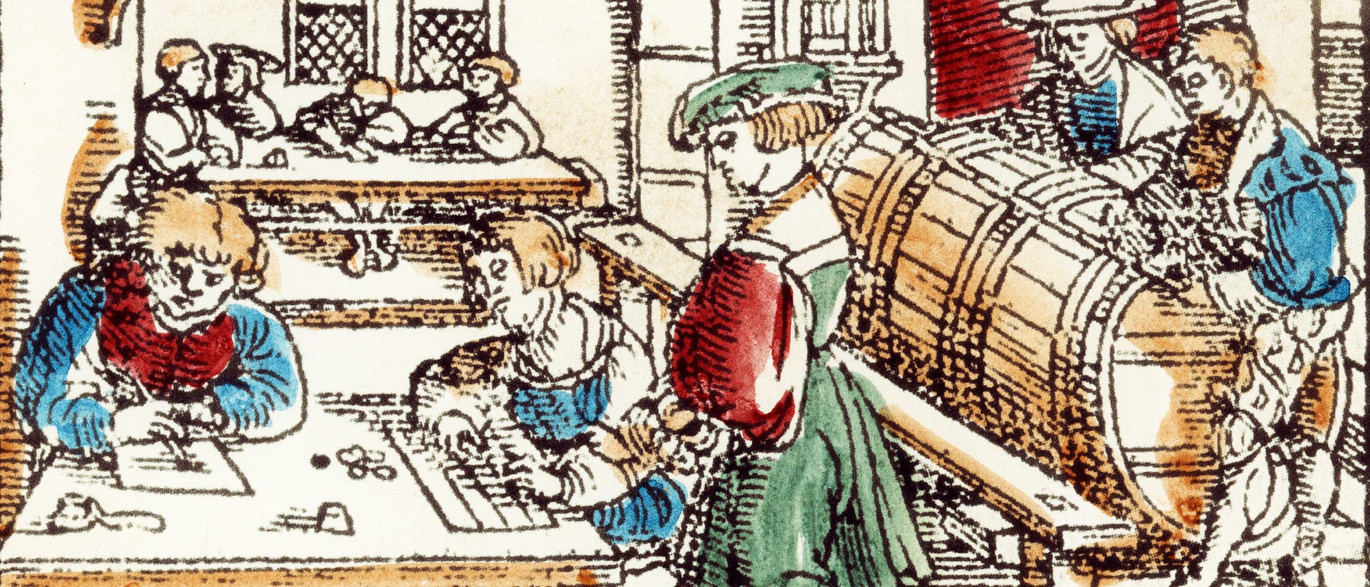 Illustration einer historischen Buchseite. Der Text beschreibt mathematische und kaufmännische Themen, verfasst von Adam Riese. Die Illustration zeigt eine Szene in einer mittelalterlichen Schreibstube, in der mehrere Personen an Tischen arbeiten. Einige schreiben, während andere mit einem großen Fass beschäftigt sind. Die Kleidung der Personen ist typisch für die Zeit. Die Illustration vermittelt einen Eindruck von Bildung und Handel im 16. Jahrhundert. Illustration einer historischen Buchseite. Der Text beschreibt mathematische und kaufmännische Themen, verfasst von Adam Riese. Die Illustration zeigt eine Szene in einer mittelalterlichen Schreibstube, in der mehrere Personen an Tischen arbeiten. Einige schreiben, während andere mit einem großen Fass beschäftigt sind. Die Kleidung der Personen ist typisch für die Zeit. Die Illustration vermittelt einen Eindruck von Bildung und Handel im 16. Jahrhundert.