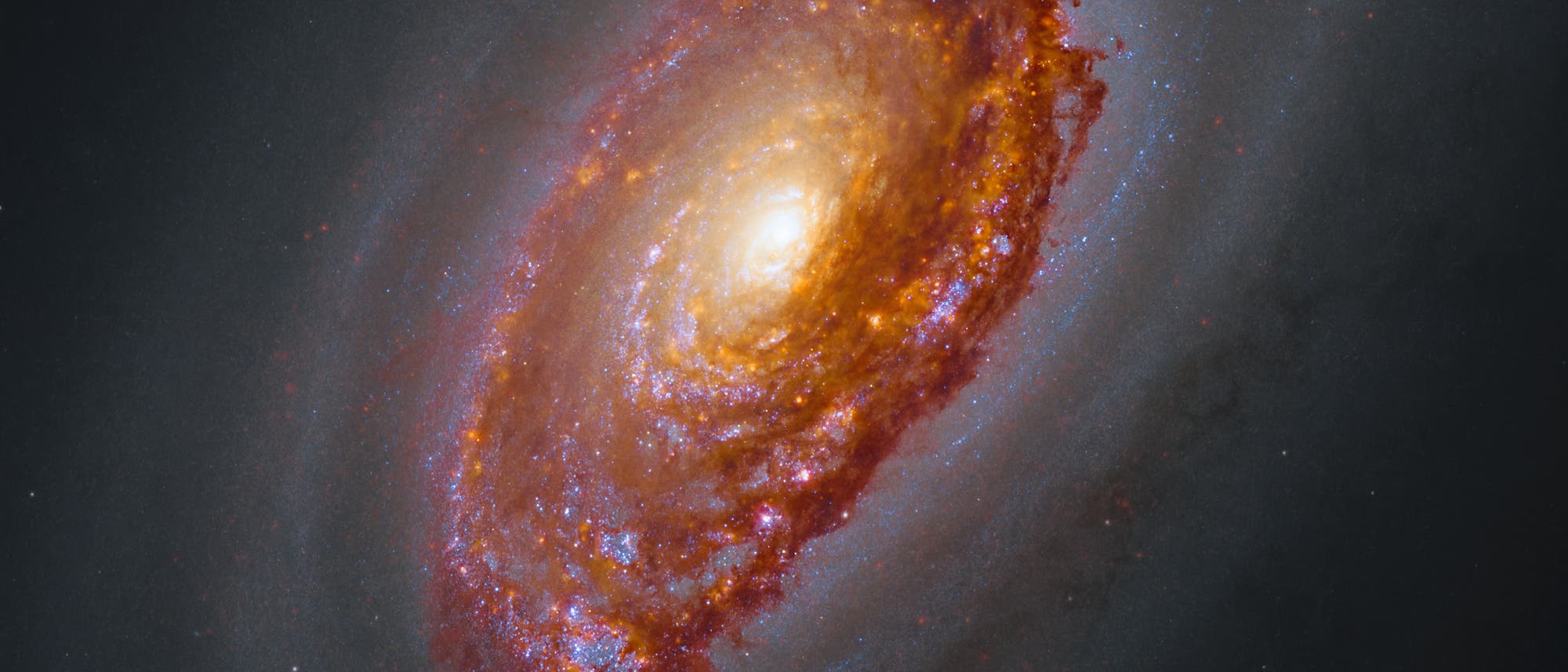 Eine farbenfrohe Aufnahme einer Spiralgalaxie im Weltraum. Die Galaxie zeigt einen hellen, leuchtenden Kern, umgeben von spiralf&ouml;rmigen Armen, die in Rot-, Blau- und Gelbt&ouml;nen leuchten. Der Hintergrund ist dunkel mit vereinzelten Sternen. Die Struktur der Galaxie und die leuchtenden Farben heben die Details der kosmischen Formation hervor.
