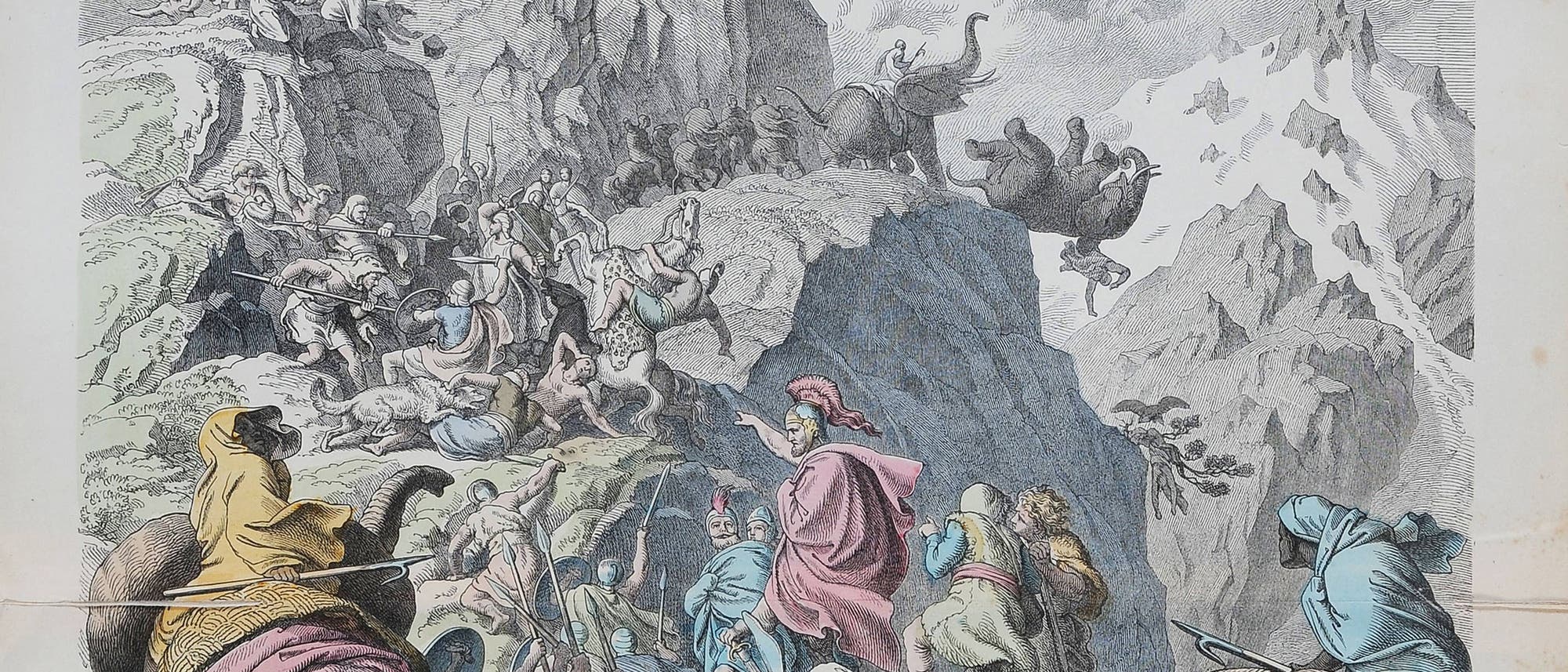 Eine historische Illustration zeigt eine dramatische Szene in einer bergigen Landschaft. Eine Gruppe von Kriegern, einige zu Pferd, bewegt sich durch ein felsiges Gelände. Im Vordergrund weist ein Anführer in einem roten Umhang energisch den Weg. Im Hintergrund sind Kriegselefanten und schneebedeckte Gipfel zu sehen. Die Szene vermittelt Bewegung und Spannung, während die Figuren in verschiedenen dynamischen Posen dargestellt sind. Eine historische Illustration zeigt eine dramatische Szene in einer bergigen Landschaft. Eine Gruppe von Kriegern, einige zu Pferd, bewegt sich durch ein felsiges Gelände. Im Vordergrund weist ein Anführer in einem roten Umhang energisch den Weg. Im Hintergrund sind Kriegselefanten und schneebedeckte Gipfel zu sehen. Die Szene vermittelt Bewegung und Spannung, während die Figuren in verschiedenen dynamischen Posen dargestellt sind.