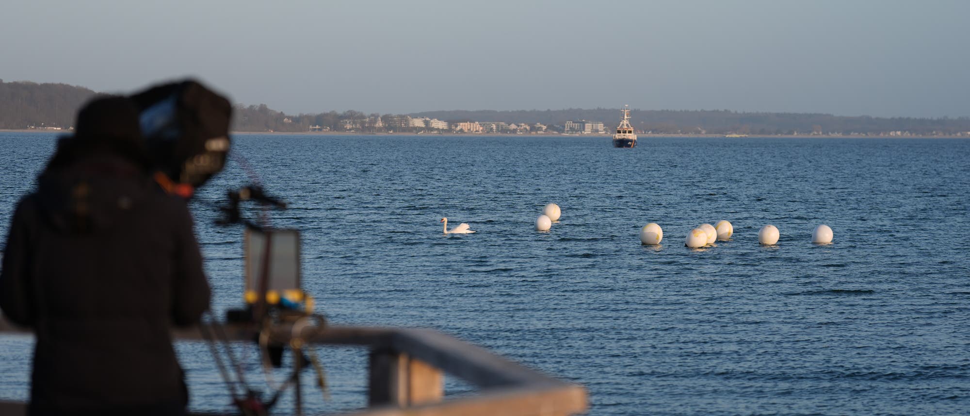 Eine Person steht auf einem Holzsteg und blickt durch eine Kamera auf ein Gew&auml;sser. Im Vordergrund sind mehrere wei&szlig;e Bojen und ein Schwan auf dem Wasser zu sehen. Im Hintergrund f&auml;hrt ein Boot in Richtung K&uuml;ste, wo Geb&auml;ude am Horizont sichtbar sind. Der Himmel ist klar und blau.