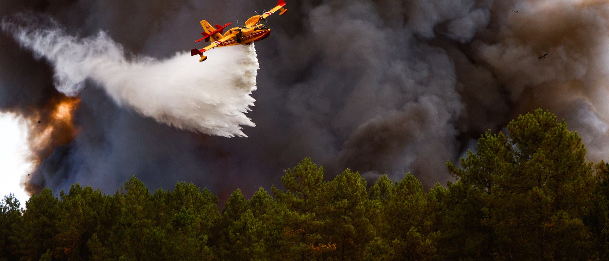 Ein gelbes L&ouml;schflugzeug wirft Wasser &uuml;ber einem brennenden Wald ab, w&auml;hrend dichter Rauch aufsteigt. Ein Hubschrauber fliegt in der N&auml;he, um den Brand zu bek&auml;mpfen. Die Szene zeigt die intensive Bek&auml;mpfung eines Waldbrandes aus der Luft.