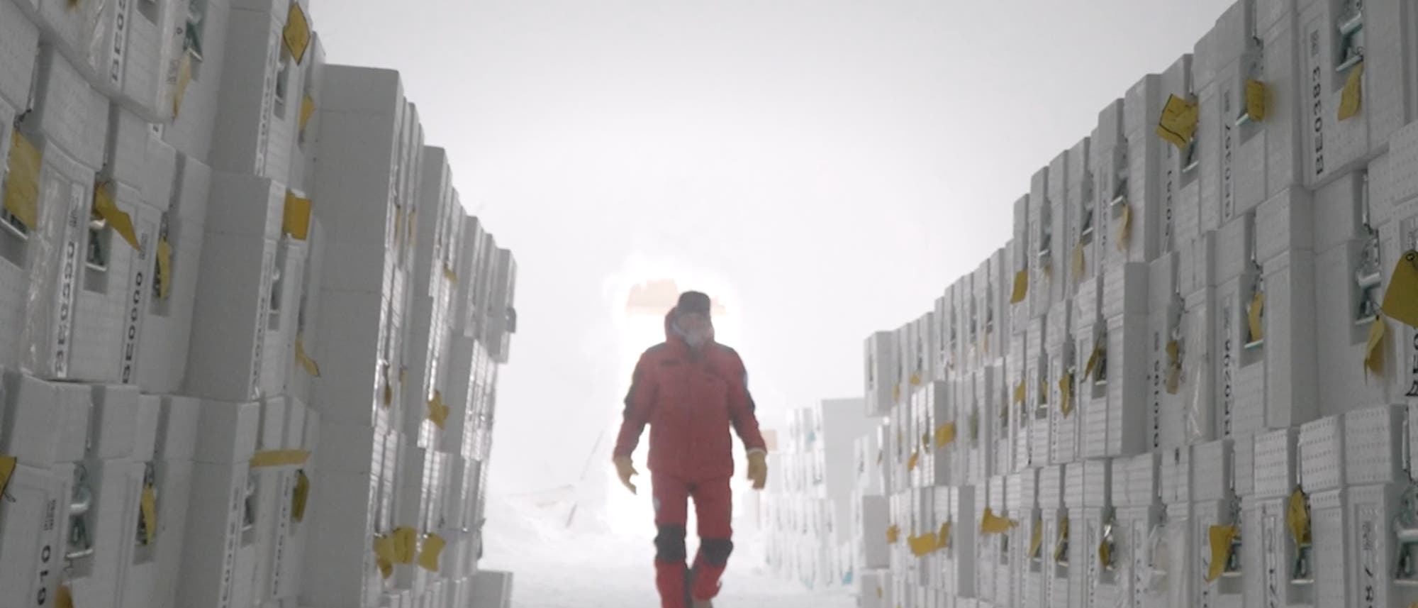 Eine Person in roter Winterkleidung geht durch einen schneebedeckten Tunnel, flankiert von hohen Stapeln wei&szlig;er Kisten mit gelben Etiketten. Die Szene ist in einem hellen, eisigen Umfeld aufgenommen, das auf eine Lagerst&auml;tte in einer kalten Region hindeutet.