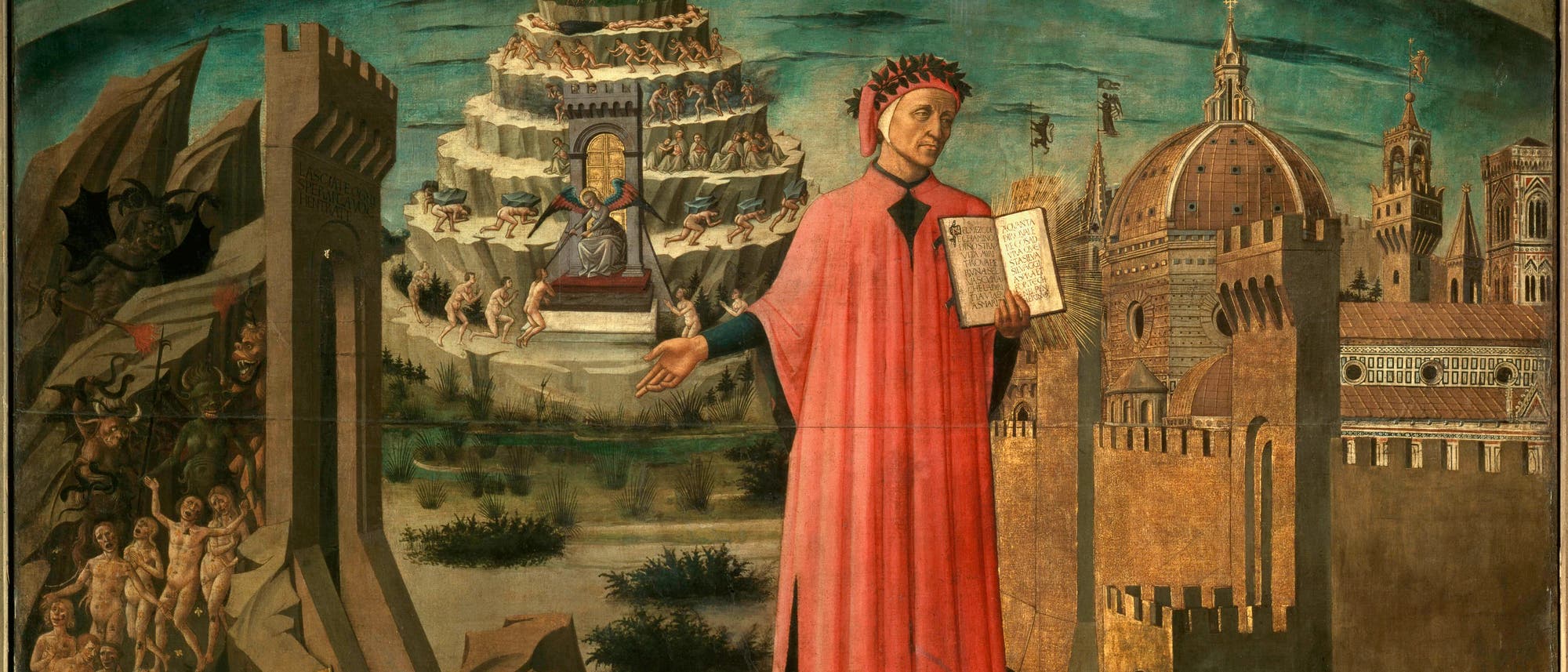 Dante vor den drei Reichen des Jenseits. Fresko von Domenico di Michelino aus dem Jahr 1465.