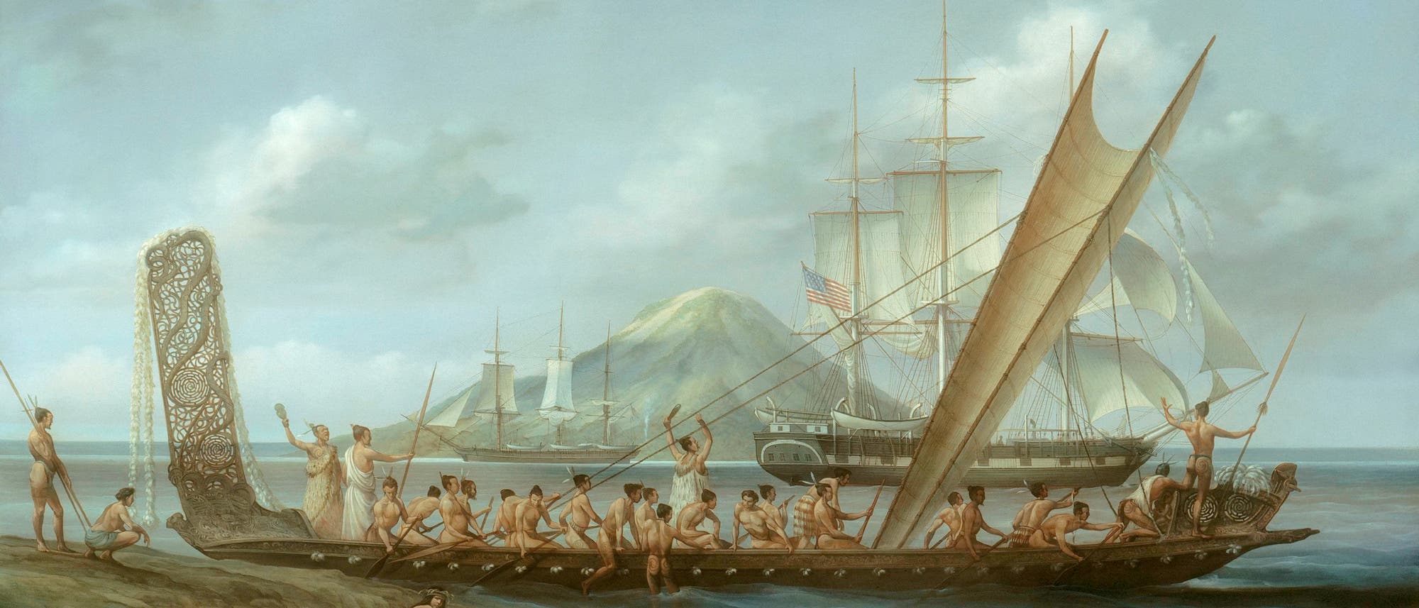 Kanu der Maori und Walfängerschiff in der Bay of Plenty im Jahr 1870