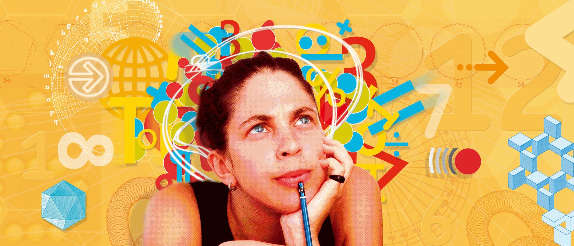 Eine Frau schaut nachdenklich nach oben, während sie einen Stift an ihre Unterlippe hält. Der Hintergrund ist mit bunten mathematischen Symbolen und Formen wie Zahlen, geometrischen Figuren und Formeln gefüllt. Diese Darstellung vermittelt Kreativität und Nachdenken über die Welt und über Konzepte.