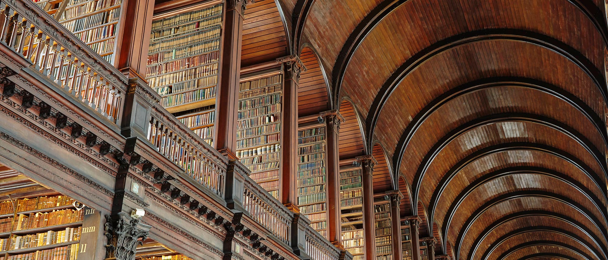 In einer altehrwürdigen dunkel getäfelten Bibliothek sind auf zwei Etagen unzählige Buchrücken zu erkennen