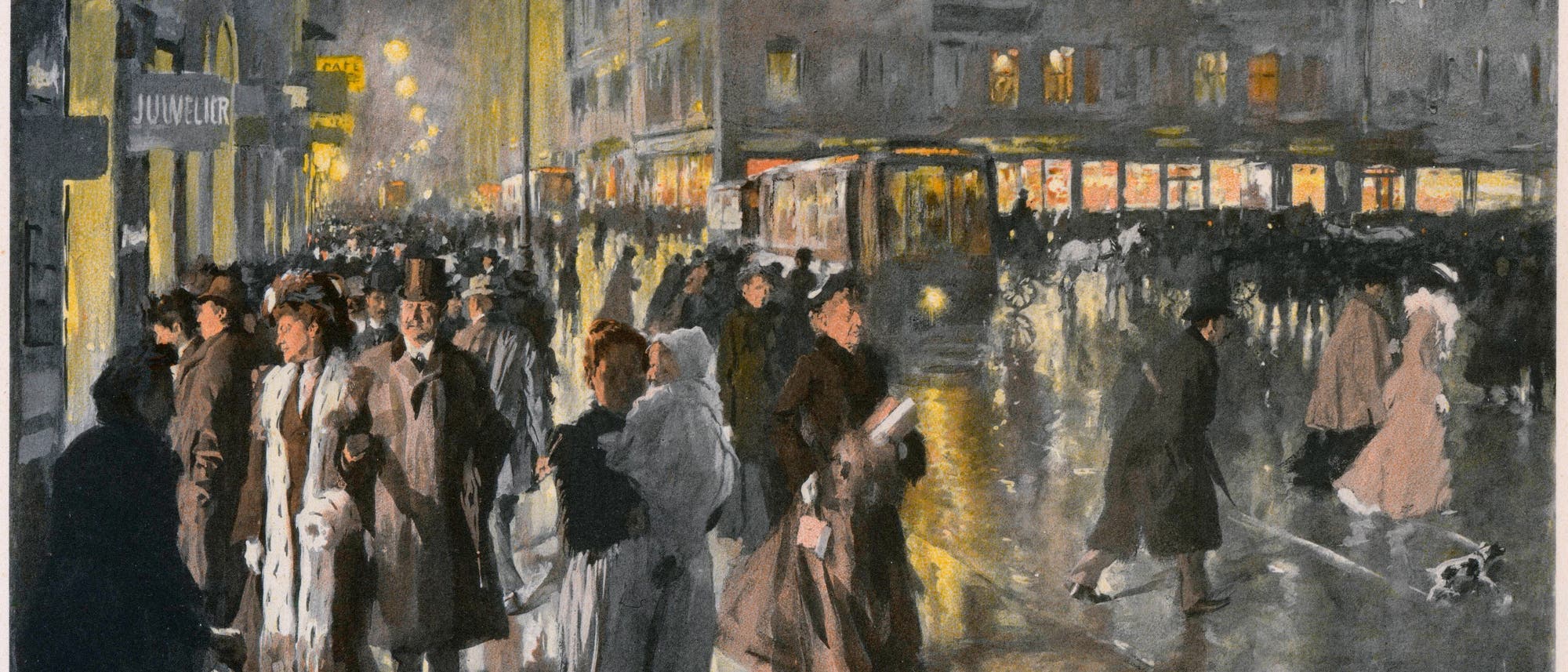 Eine belebte Straßenszene bei Nacht in einer Stadt, beleuchtet von Straßenlaternen. Menschen in historischer Kleidung spazieren auf dem nassen Bürgersteig. Im Hintergrund sind beleuchtete Schaufenster und ein vorbeifahrendes Straßenbahnfahrzeug zu sehen. Links im Bild ist ein Schild mit der Aufschrift "JUWELIER" erkennbar. Die Atmosphäre wirkt lebendig und geschäftig. Es handelt sich um eine Aquarellmalerei.