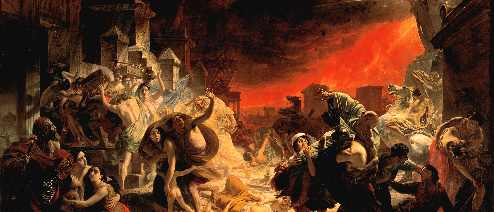 Gemälde des russischen Malers Karl Brjullow »Der letzte Tag von Pompeji« aus den Jahren 1830 bis 1833. Es zeigt Menschen auf der Flucht vor dem Ausbruch des Vesuvs.