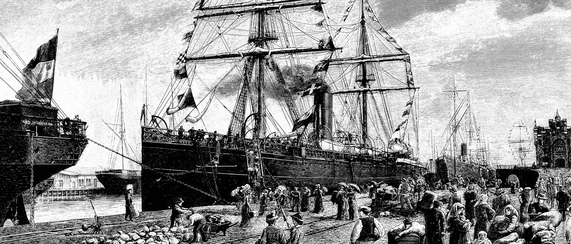 Der Holzstich aus dem 19. Jahrhundert zeigt das Auswandererschiff »Mosel« in Bremerhaven.