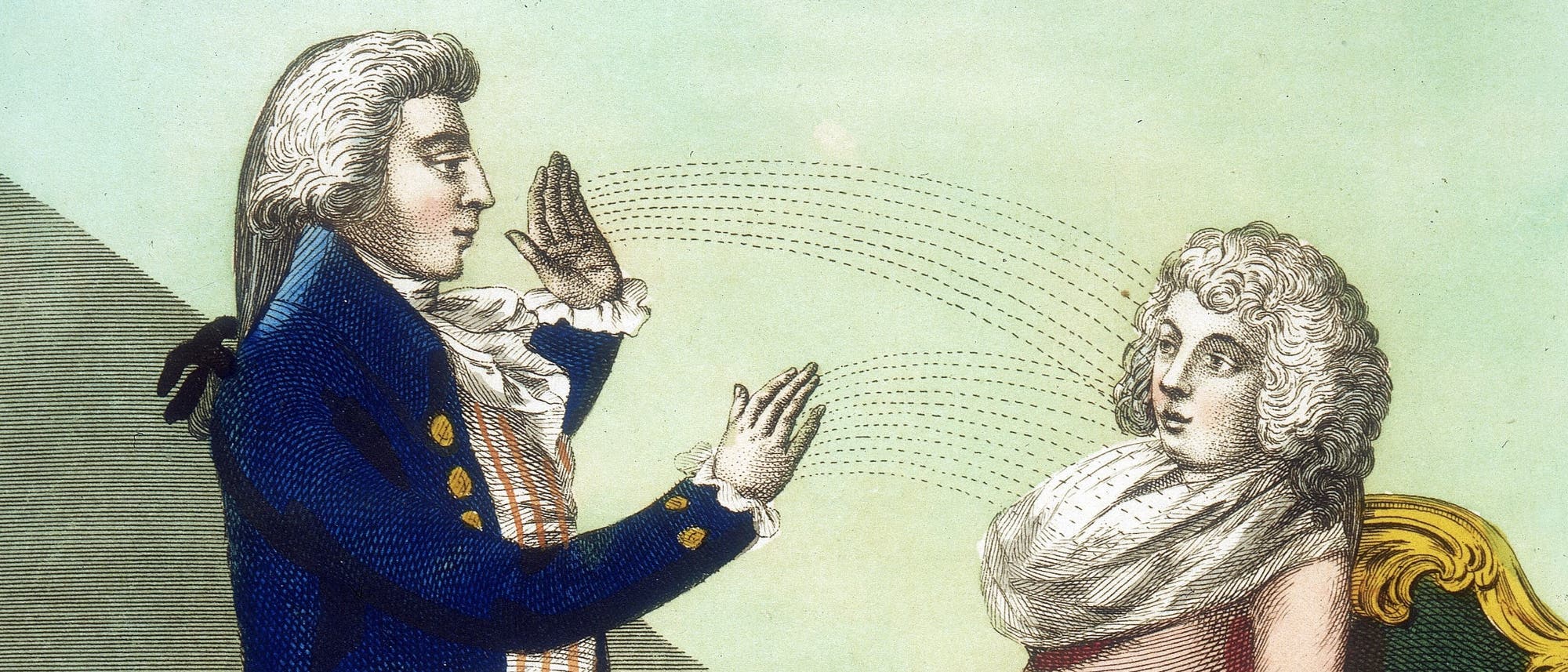 Eine historische Illustration zeigt zwei Personen in eleganter Kleidung des 18. Jahrhunderts. Die linke Person, in einem blauen Anzug mit goldenen Knöpfen, hebt die Hände in einer gestischen Bewegung. Die rechte Person sitzt auf einem verzierten Stuhl und schaut aufmerksam. Zwischen ihnen verlaufen geschwungene Linien, die eine unsichtbare Verbindung oder Kommunikation darstellen könnten. Der Hintergrund ist in sanften Pastelltönen gehalten. Eine historische Illustration zeigt zwei Personen in eleganter Kleidung des 18. Jahrhunderts. Die linke Person, in einem blauen Anzug mit goldenen Knöpfen, hebt die Hände in einer gestischen Bewegung. Die rechte Person sitzt auf einem verzierten Stuhl und schaut aufmerksam. Zwischen ihnen verlaufen geschwungene Linien, die eine unsichtbare Verbindung oder Kommunikation darstellen könnten. Der Hintergrund ist in sanften Pastelltönen gehalten.