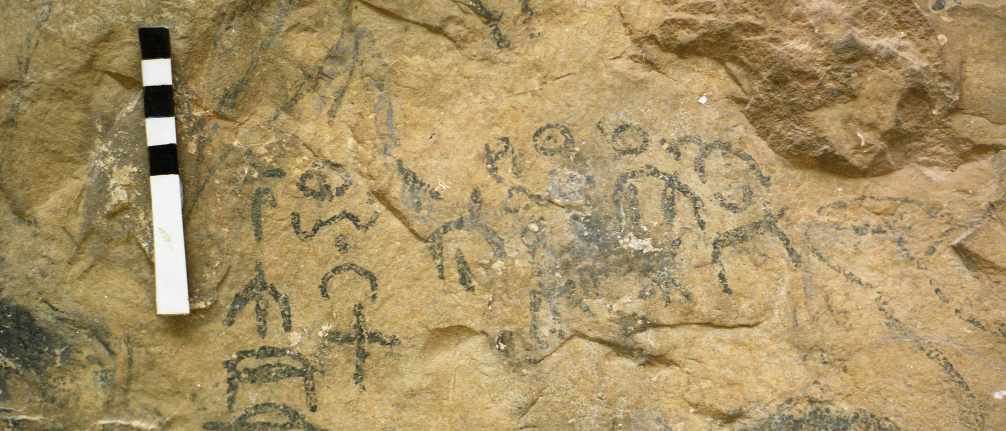 Felswand mit alten Petroglyphen, die menschliche Figuren und Symbole darstellen. Links im Bild befindet sich ein Maßstab mit schwarzen und weißen Markierungen zur Größenbestimmung. Die Petroglyphen sind in dunkler Farbe auf dem hellen Gestein gezeichnet.