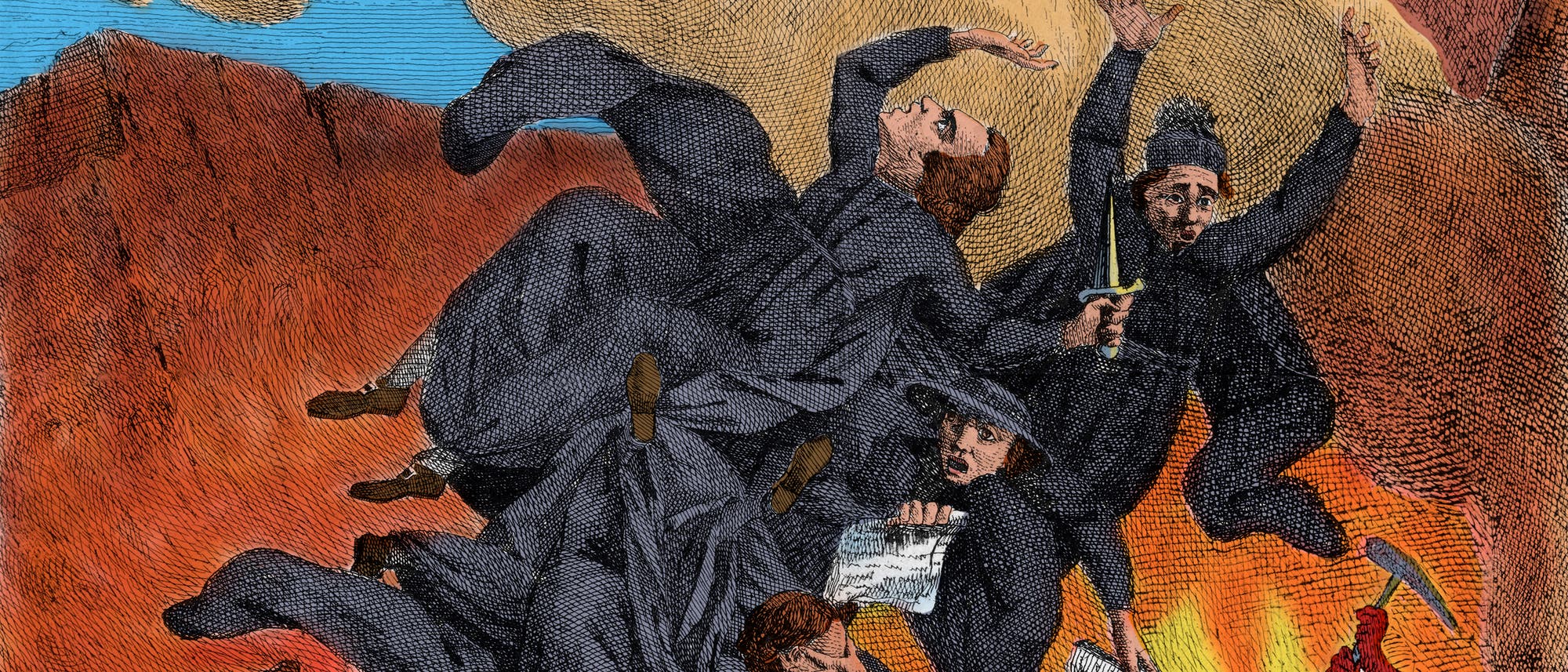 Jesuiten stürzen in die Hölle. Die zeitgenössische, aber modern kolorierte Radierung aus Frankreich stellt das Verbot des Ordens im 18. Jahrhundert dar.