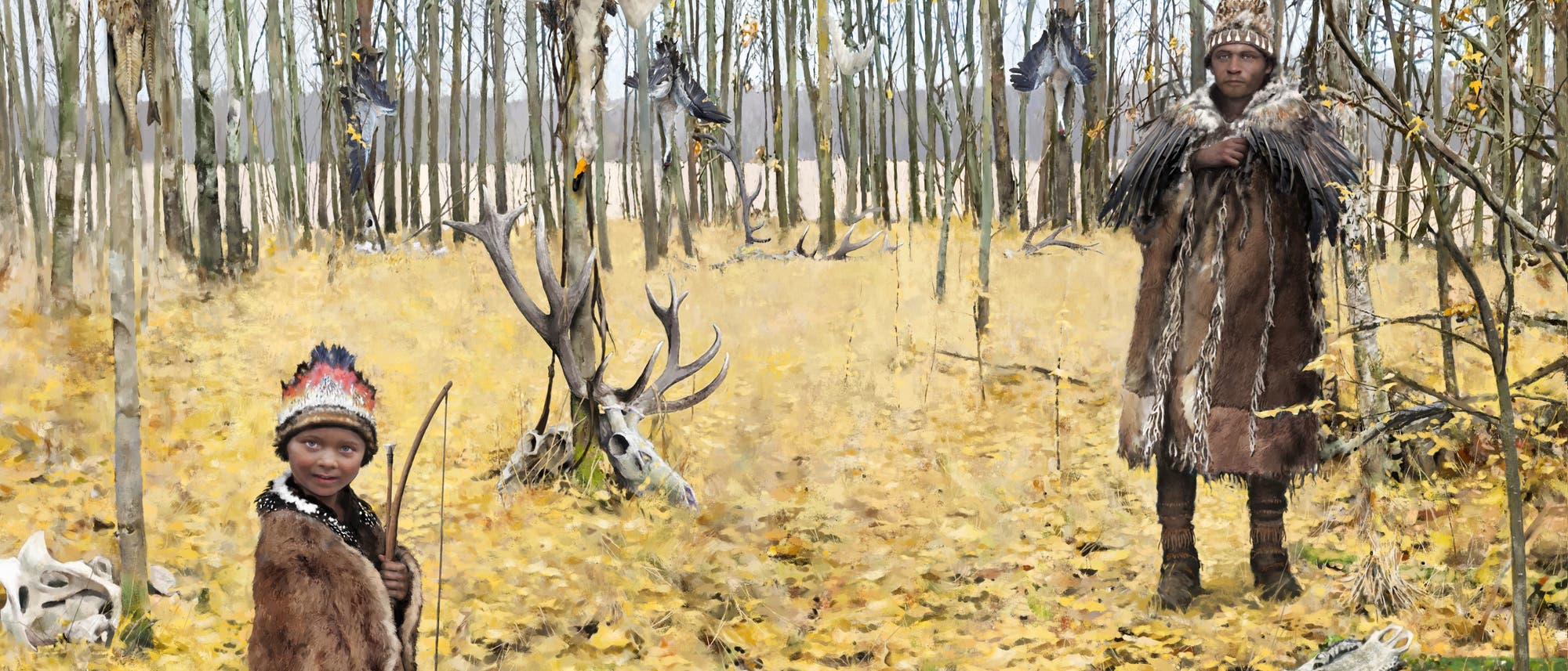 Eine Illustration zeigt zwei Personen in einem herbstlichen Wald. Die Person links tr&auml;gt einen Kopfschmuck und h&auml;lt einen Bogen, w&auml;hrend die Person rechts in ein Fell geh&uuml;llt ist. Im Hintergrund sind B&auml;ume mit sp&auml;rlichem Laub und ein Geweih auf dem Boden zu sehen. Die Szene vermittelt eine historische oder kulturelle Atmosph&auml;re.