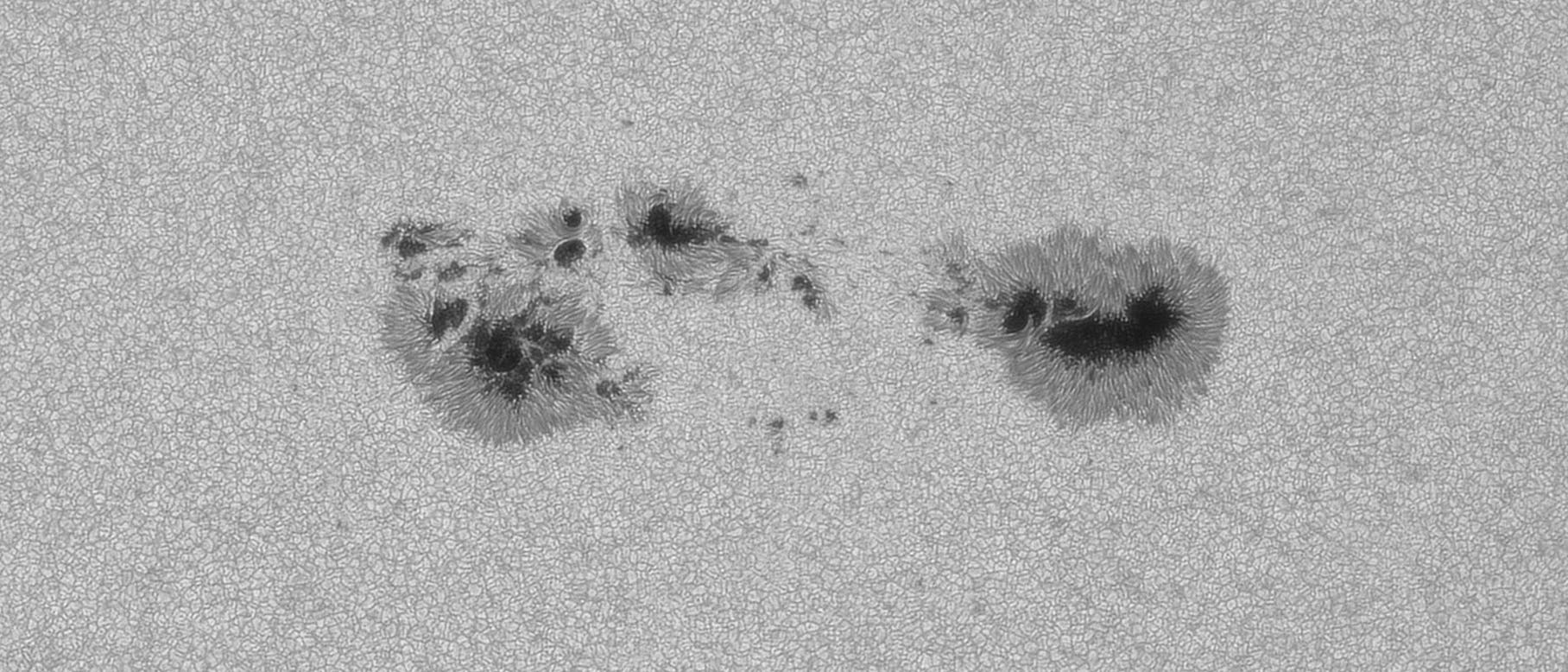 Eine hoch aufgelöste Aufnahme von Sonnenflecken auf der Sonnenoberfläche. Die dunklen Flecken sind von helleren, filamentartigen Strukturen umgeben, die die Granulation der Sonnenoberfläche zeigen. Diese Sonnenflecken sind Bereiche mit intensiver magnetischer Aktivität, die kühler und daher dunkler erscheinen als ihre Umgebung. Das Bild veranschaulicht die komplexe Struktur und Dynamik der Sonnenaktivität. Eine hoch aufgelöste Aufnahme von Sonnenflecken auf der Sonnenoberfläche. Die dunklen Flecken sind von helleren, filamentartigen Strukturen umgeben, die die Granulation der Sonnenoberfläche zeigen. Diese Sonnenflecken sind Bereiche mit intensiver magnetischer Aktivität, die kühler und daher dunkler erscheinen als ihre Umgebung. Das Bild veranschaulicht die komplexe Struktur und Dynamik der Sonnenaktivität.