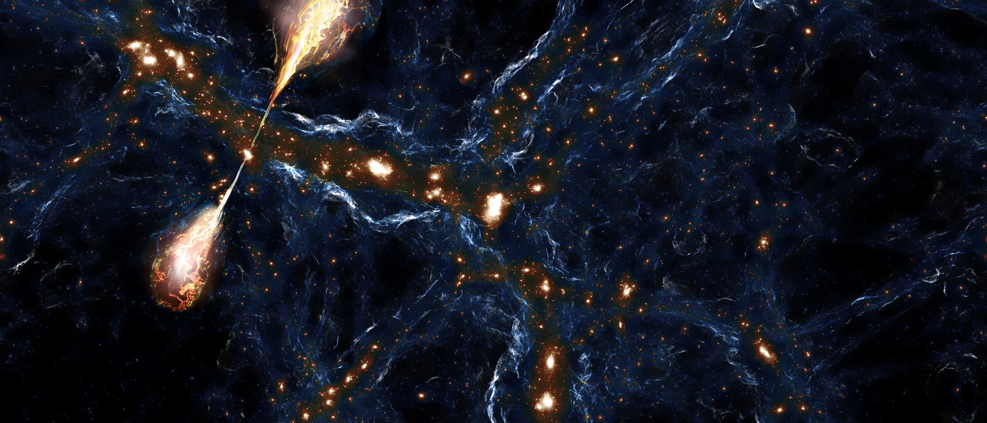 Eine k&uuml;nstlerische Darstellung des kosmischen Netzwerks im Universum. Die Abbildung zeigt ein komplexes Geflecht aus leuchtenden, fadenf&ouml;rmigen Strukturen, die Galaxien und Materie verbinden. Helle Knotenpunkte repr&auml;sentieren Galaxienhaufen, w&auml;hrend dunkle Bereiche leeren Raum darstellen. Die Darstellung betont die gro&szlig;r&auml;umige Struktur des Universums und die Verteilung der Materie.