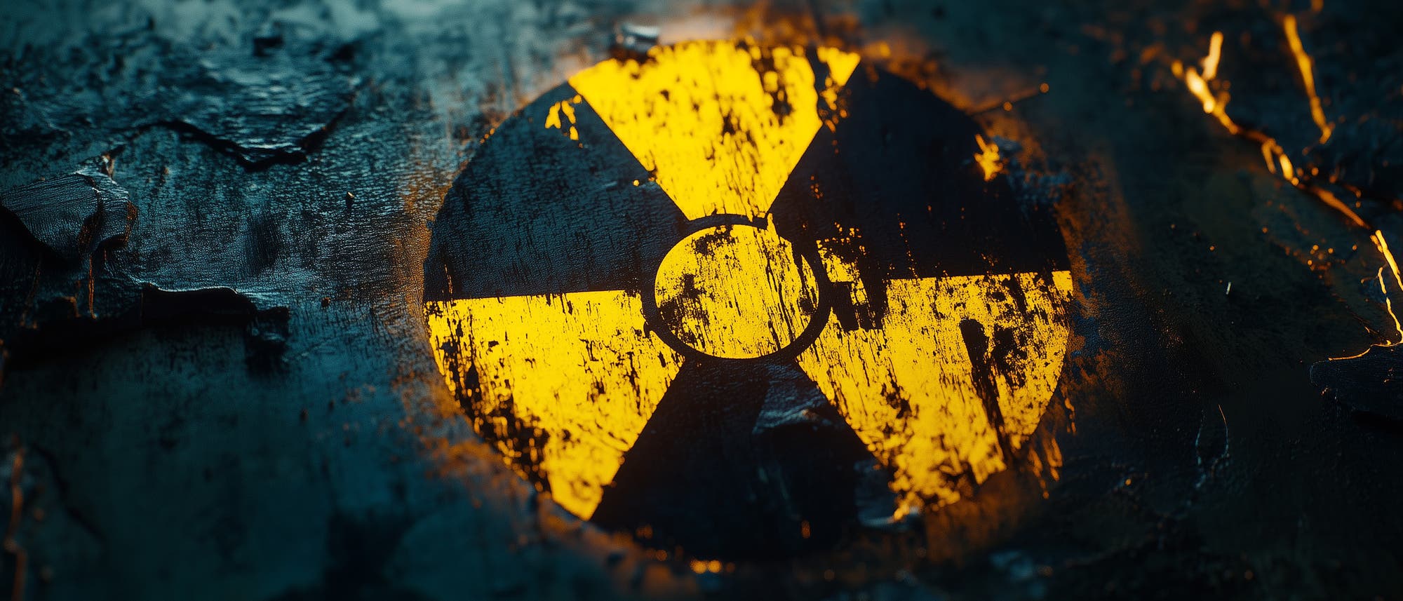 Ein verwittertes, gelbes Warnzeichen für Radioaktivität auf einer dunklen, rostigen Metalloberfläche. Das Symbol ist teilweise abgeblättert, was auf Alter und Vernachlässigung hinweist. Ein verwittertes, gelbes Warnzeichen für Radioaktivität auf einer dunklen, rostigen Metalloberfläche. Das Symbol ist teilweise abgeblättert, was auf Alter und Vernachlässigung hinweist.