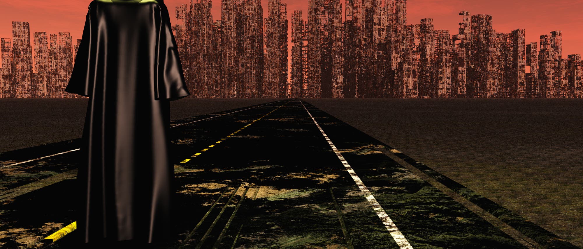 Roter Himmel, dunkle Gebäude, irgendwas Robo-artiges im Vordergrund - fertig ist das dystopische Apokalypse-Symbolbild.