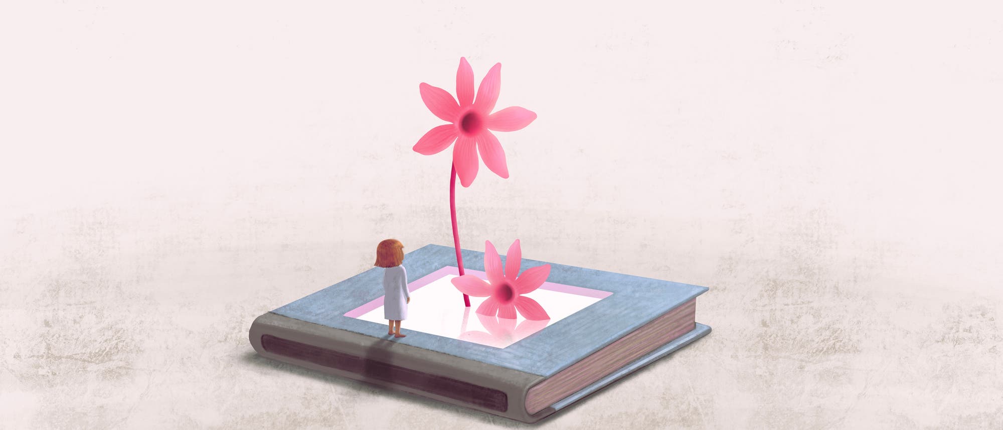 Eine Illustration zeigt ein gro&szlig;es Buch, aus dem rosa Blumen wachsen. Eine kleine Figur steht auf dem Buch und schaut dabei zu, wie Neues entsteht. Der Hintergrund ist schlicht und hell, was den Fokus auf das Buch und die Blumen lenkt. Die Szene vermittelt ein Gef&uuml;hl von Fantasie und Entdeckung.