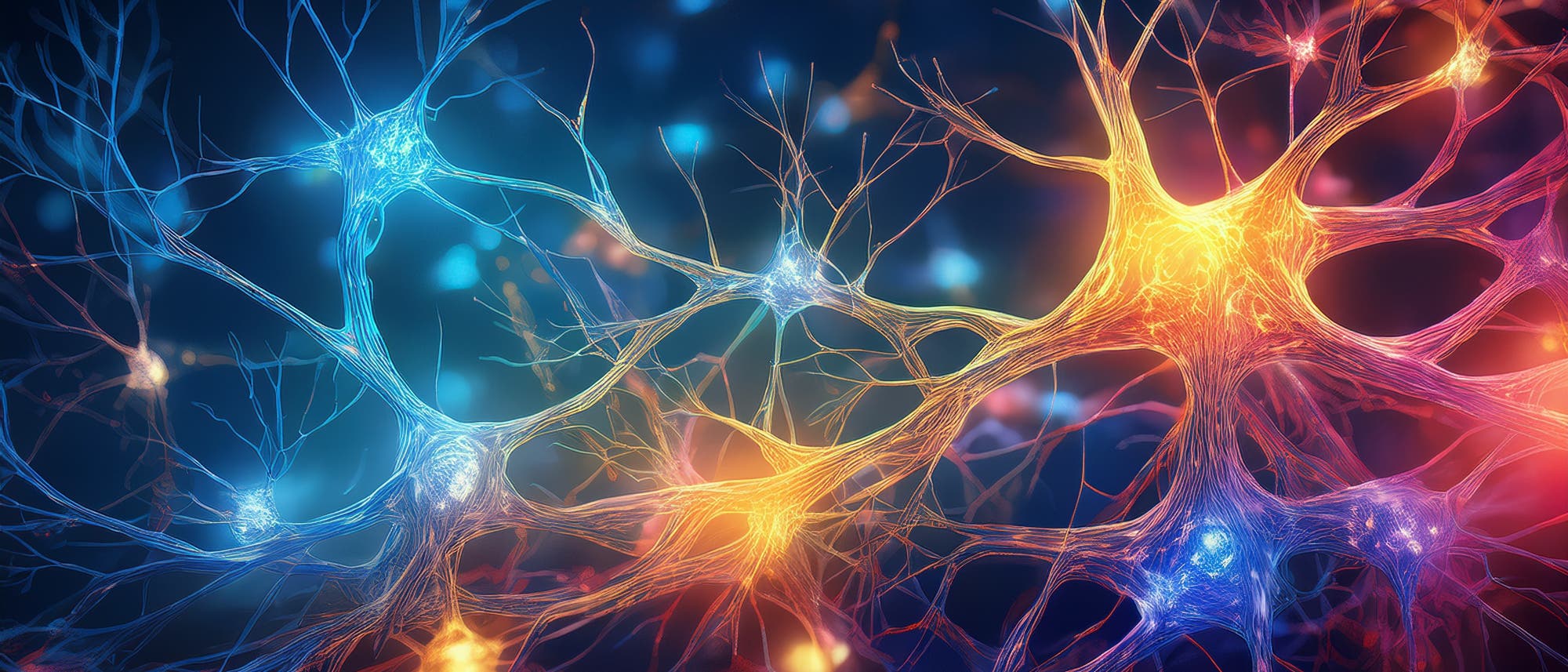 Illustration von neuronalen Netzwerken im Gehirn. Die Neurone sind in leuchtenden Farben dargestellt, wobei blaue und orangefarbene Töne dominieren. Die Verbindungen zwischen den Nervenzellen sind als feine Linien sichtbar, die ein komplexes Geflecht bilden. Der Hintergrund ist dunkel. Das Bild veranschaulicht die Struktur und Vernetzung von Neuronen.