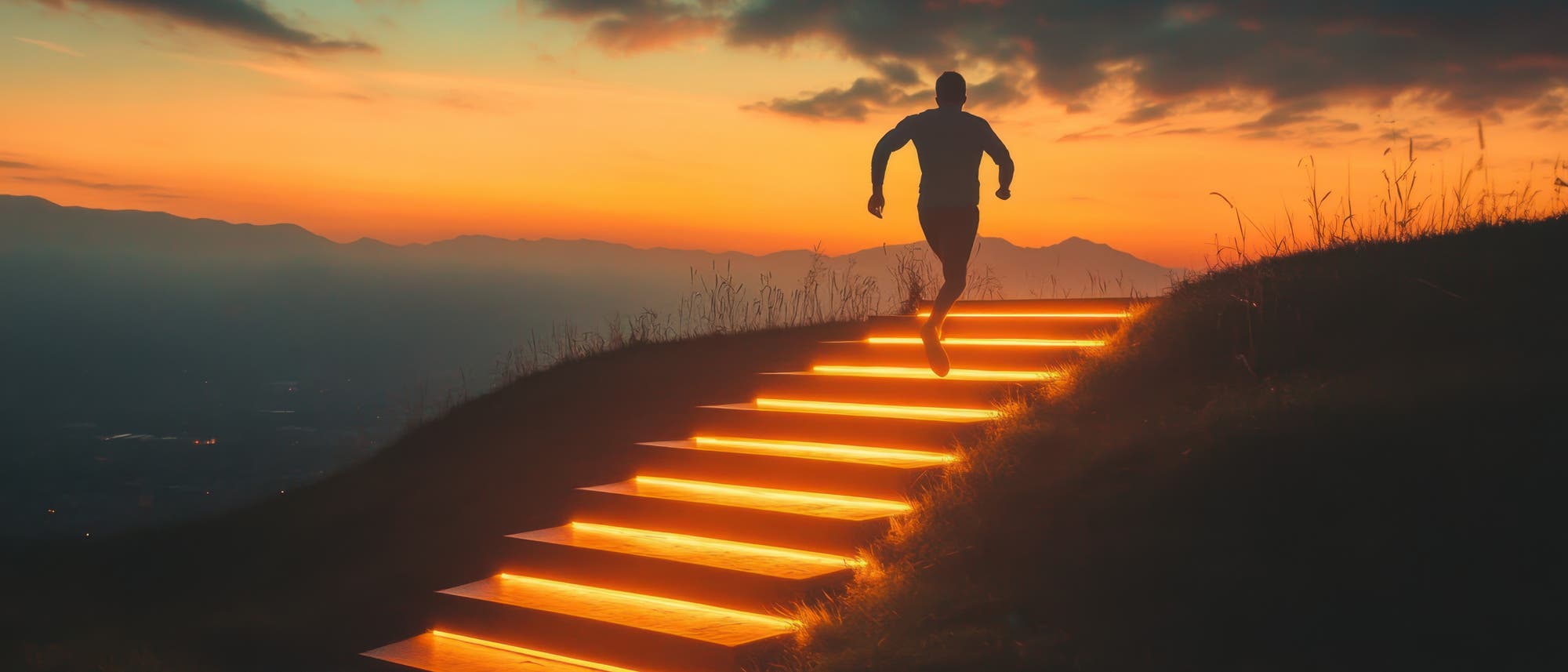 Eine Person l&auml;uft eine beleuchtete Treppe hinauf, die in eine h&uuml;gelige Landschaft eingebettet ist. Der Himmel zeigt einen dramatischen Sonnenuntergang mit orangefarbenen und violetten T&ouml;nen. Die Szene vermittelt ein Gef&uuml;hl von Bewegung und Freiheit.