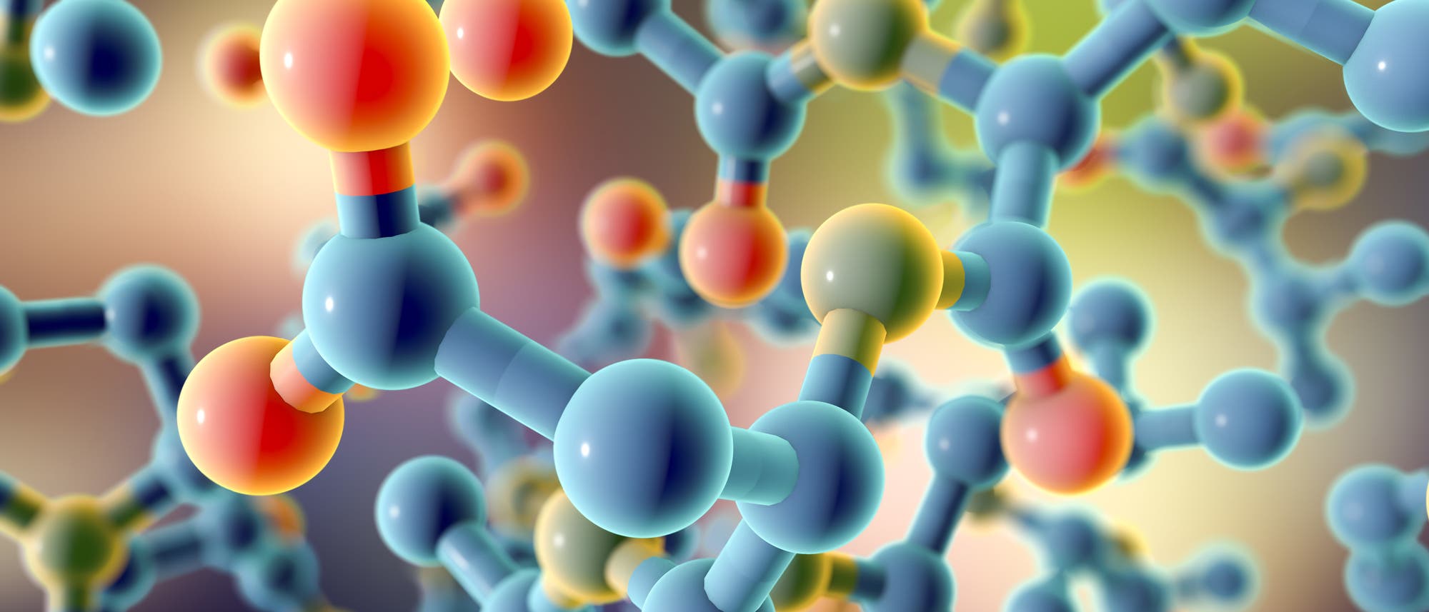 3D-Illustration blauer und orangefarbener Moleküle