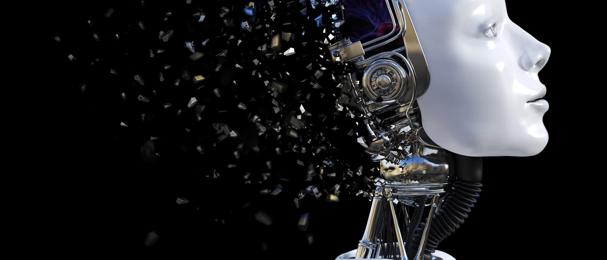 Symbolbild Künstliche Intelligenz: Ein weißer Roboter vor schwarzem Hintergrund mit menschlichem Gesicht, sein Hinterkopf löst sich in Splittern auf.