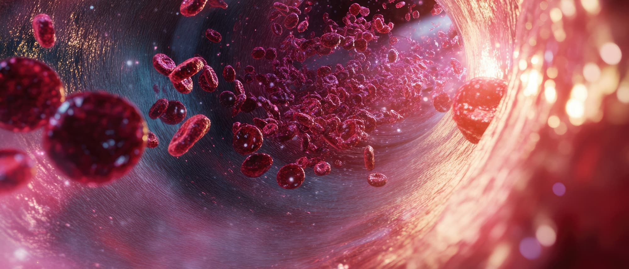 Darstellung eines Blutgefäßes mit zahlreichen roten Blutkörperchen, die durch den Tunnel strömen. Die Innenwand des Gefäßes ist detailliert texturiert und reflektiert Licht, was die Bewegung und Dynamik der Blutzellen betont. Die Szene vermittelt ein Gefühl von Fluss und Vitalität, typisch für ein anatomisches Diagramm.