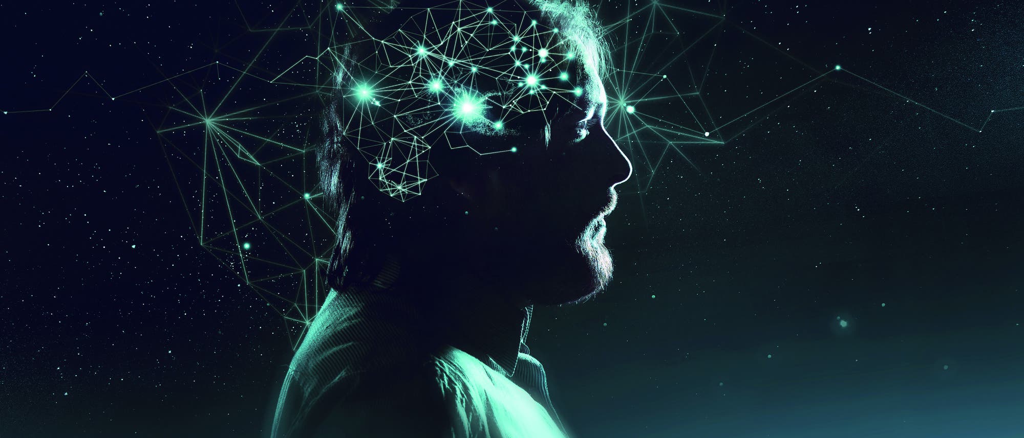 Profil eines Mannes mit symbolischen Neuronen leuchtend vor dunklem Hintergrund dargestellt.
