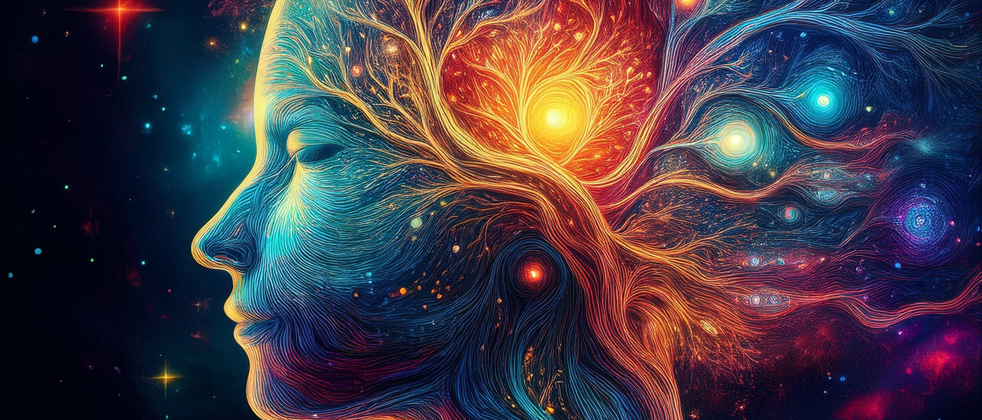 Eine Illustration eines menschlichen Profils, das in leuchtenden Farben gestaltet ist. Das Gesicht ist mit einem Netzwerk aus Linien und leuchtenden Punkten durchzogen, die an neuronale Verbindungen erinnern. Ein heller, leuchtender Punkt im Kopfbereich symbolisiert möglicherweise Kreativität oder Gedanken. Der Hintergrund ist dunkel mit bunten, sternartigen Lichtpunkten, die eine kosmische Atmosphäre schaffen.
