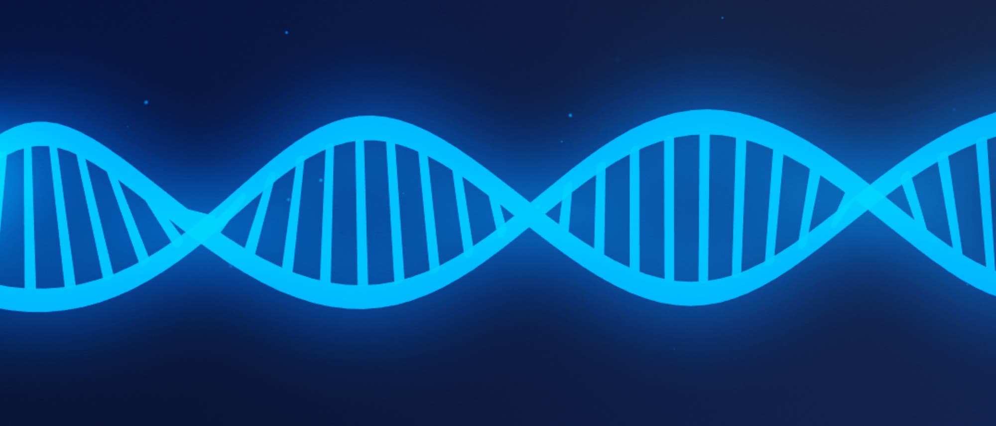 Illustration eines blau leuchtenden DNA-Stranges vor dunklem Hintergrund