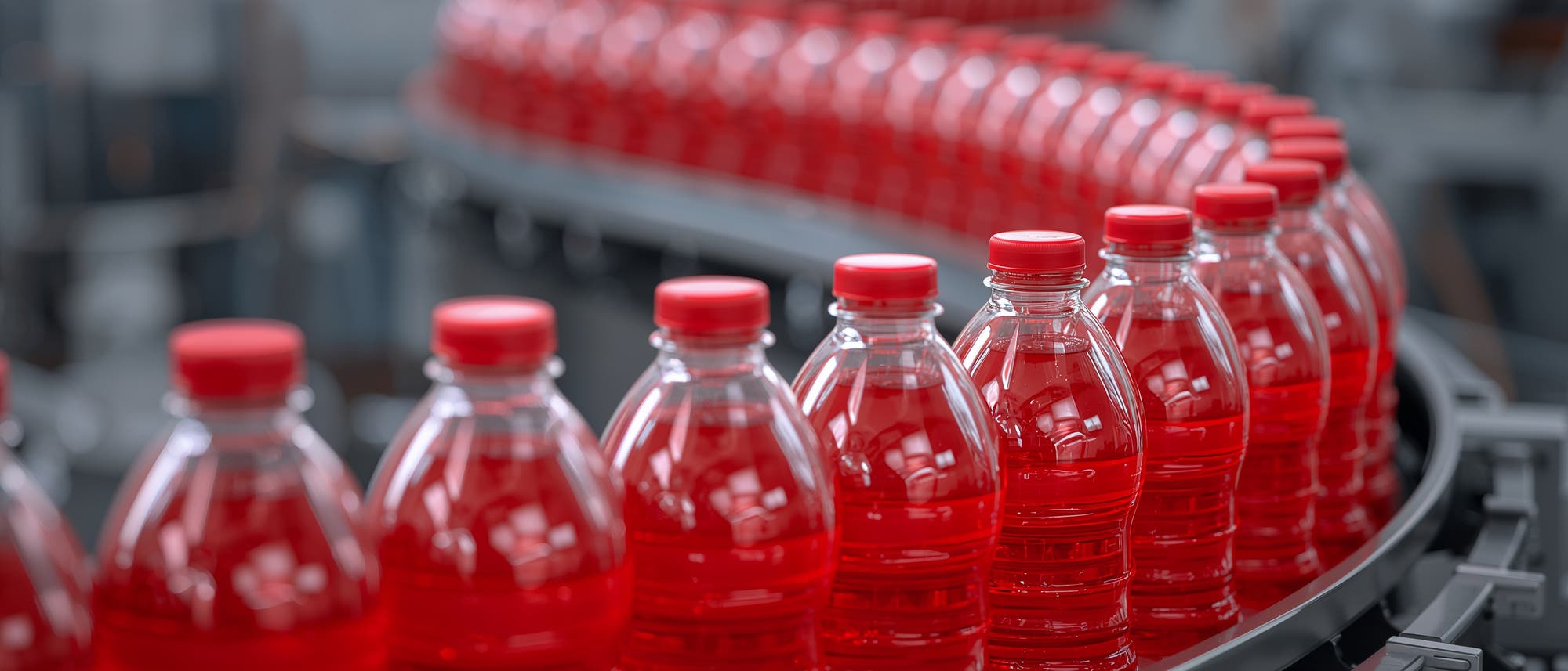 Eine Produktionslinie mit zahlreichen roten Plastikflaschen, die in einer Reihe auf einem F&ouml;rderband stehen. Die Flaschen sind mit einer roten Fl&uuml;ssigkeit gef&uuml;llt und haben rote Verschl&uuml;sse. Die Szene zeigt einen industriellen Abf&uuml;llprozess in einer Fabrik. Im Hintergrund sind unscharfe Maschinen und weitere Flaschen zu sehen, die die Massenproduktion betonen.