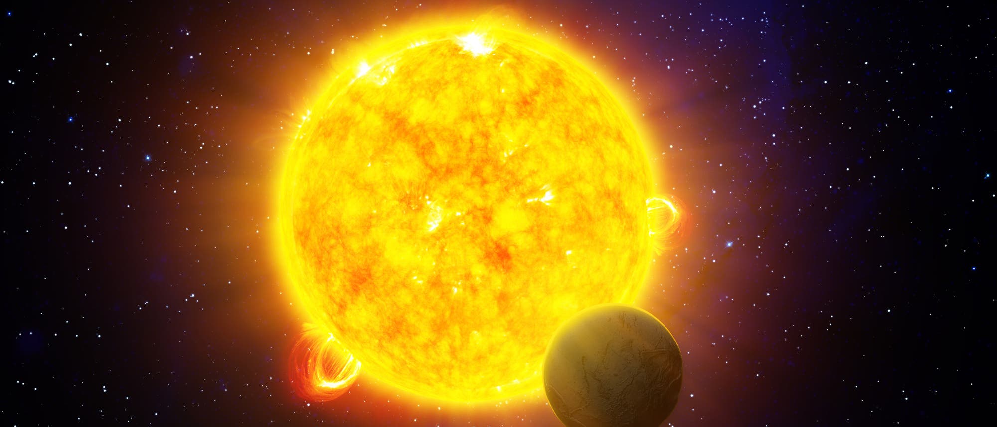 Ein deutlich kleinerer Exoplanet vor einer riesigen grell leuchtenden Exosonne.