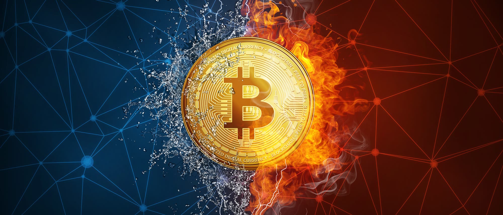 Goldenes Bitcoin-Zeichen, links blauer Hintergrund, Wasser spritzt hervor, rechts roter Hintergrund, Flammen züngeln hervor.