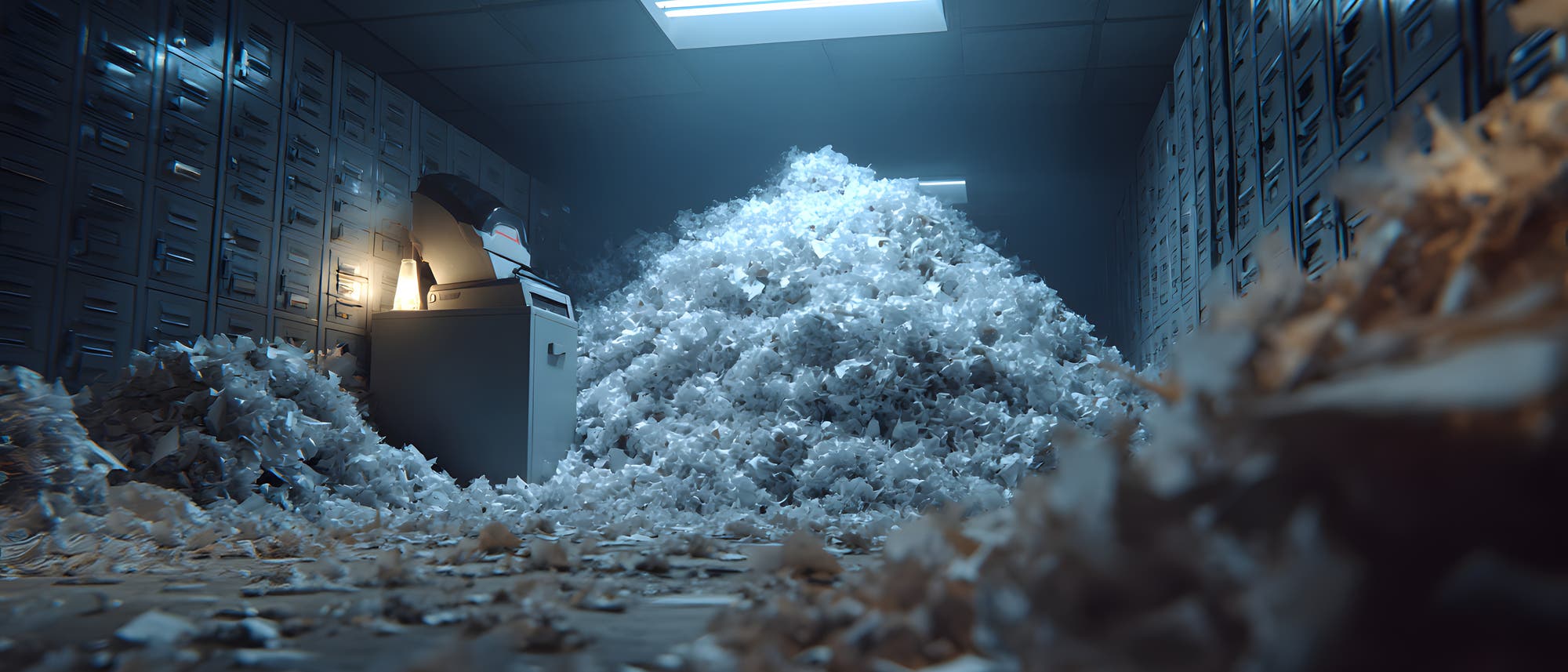Ein Raum voller Aktenschr&auml;nke, in dem ein Drucker eine riesige Menge an Papier ausspuckt, die sich zu einem gro&szlig;en Haufen auf dem Boden ansammelt. Das Bild vermittelt ein Gef&uuml;hl von &Uuml;berfluss und Chaos, w&auml;hrend das Licht von der Decke den Raum schwach beleuchtet.