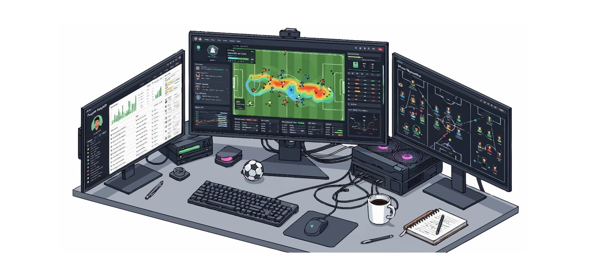 Arbeitsplatz mit drei Monitoren, die eine Fußballanalyse-Software zeigen. Der zentrale Bildschirm zeigt ein Spielfeld mit Heatmap und Spielerbewegungen. Der linke Monitor zeigt statistische Daten und Diagramme, während der rechte Monitor taktische Aufstellungen darstellt. Auf dem Schreibtisch befinden sich eine Tastatur, Maus, Notizbuch, Stift, Kaffeetasse und ein Fußball. Kabel und ein Computer sind ebenfalls sichtbar. Arbeitsplatz mit drei Monitoren, die eine Fußballanalyse-Software zeigen. Der zentrale Bildschirm zeigt ein Spielfeld mit Heatmap und Spielerbewegungen. Der linke Monitor zeigt statistische Daten und Diagramme, während der rechte Monitor taktische Aufstellungen darstellt. Auf dem Schreibtisch befinden sich eine Tastatur, Maus, Notizbuch, Stift, Kaffeetasse und ein Fußball. Kabel und ein Computer sind ebenfalls sichtbar.