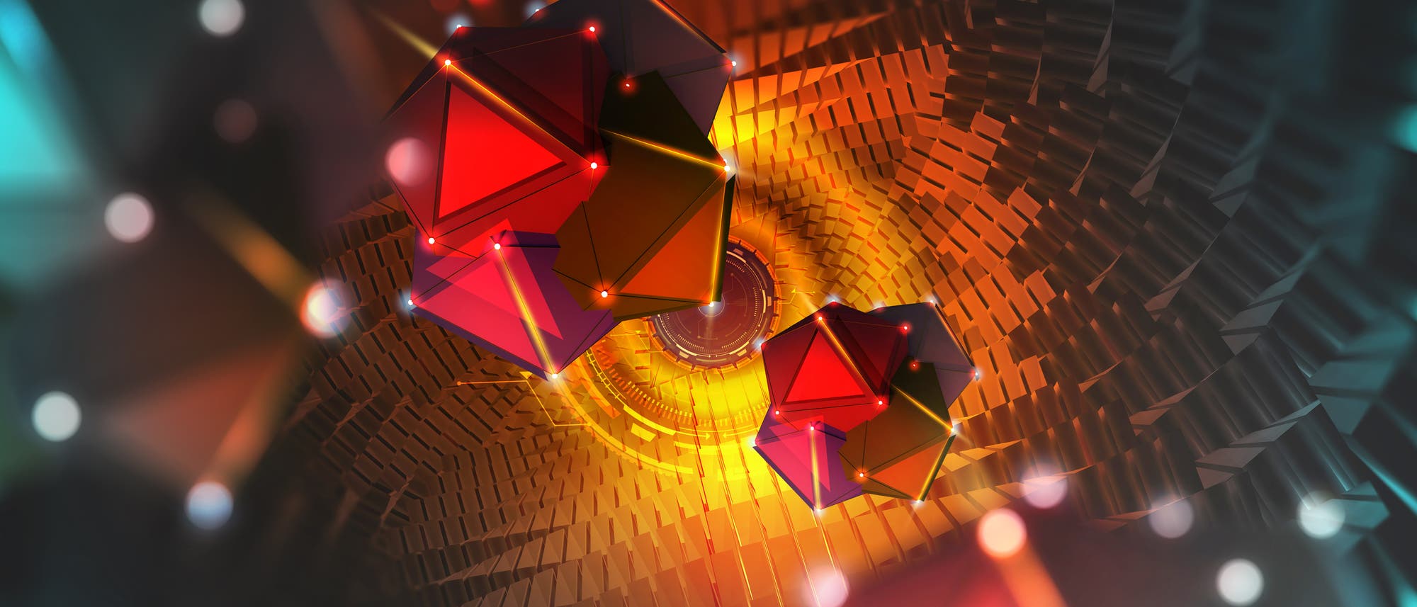 Rote polyedrische Strukturen vor abstraktem leuchtend-gelbem Hintergrund