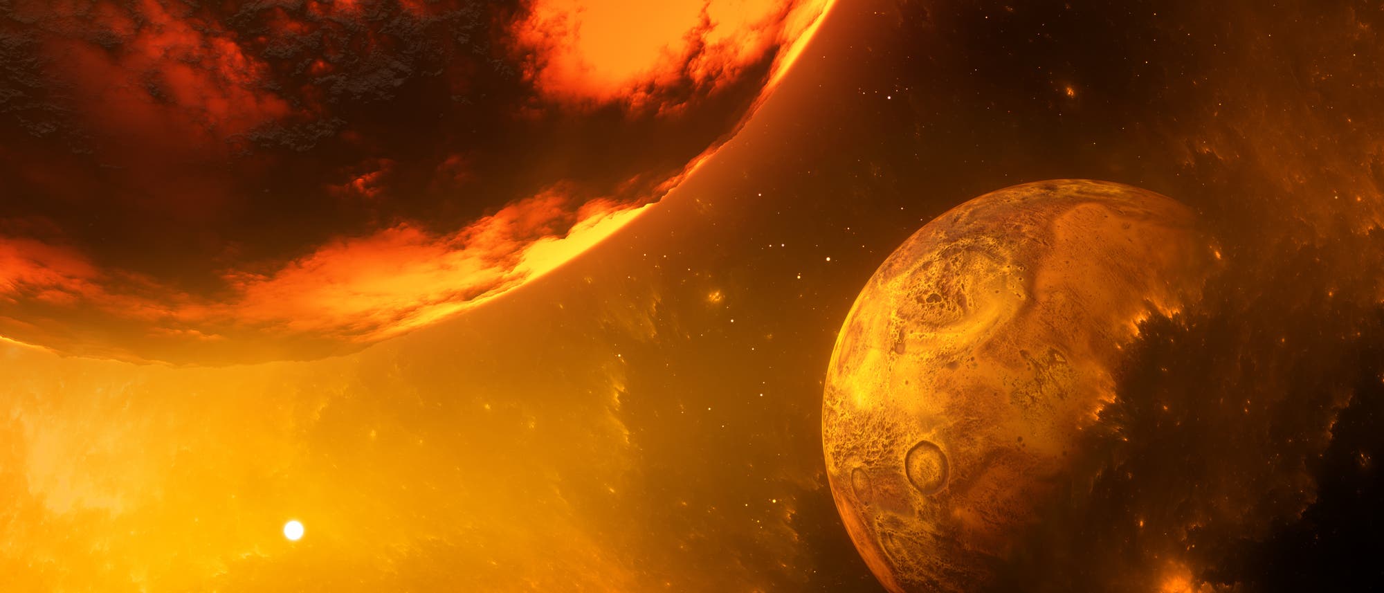 Eine künstlerische Darstellung eines astronomischen Szenarios mit zwei Planeten im Weltraum. Der größere Planet im Vordergrund zeigt eine leuchtend orange-rote Oberfläche mit dunklen Wolkenformationen. Der kleinere Planet im Hintergrund hat eine felsige, gelblich-braune Oberfläche mit sichtbaren Kratern. Im Hintergrund sind zahlreiche Sterne vor einem leuchtenden, gelben Nebel zu sehen. Die Szene vermittelt eine eindrucksvolle, kosmische Atmosphäre. Eine künstlerische Darstellung eines astronomischen Szenarios mit zwei Planeten im Weltraum. Der größere Planet im Vordergrund zeigt eine leuchtend orange-rote Oberfläche mit dunklen Wolkenformationen. Der kleinere Planet im Hintergrund hat eine felsige, gelblich-braune Oberfläche mit sichtbaren Kratern. Im Hintergrund sind zahlreiche Sterne vor einem leuchtenden, gelben Nebel zu sehen. Die Szene vermittelt eine eindrucksvolle, kosmische Atmosphäre.