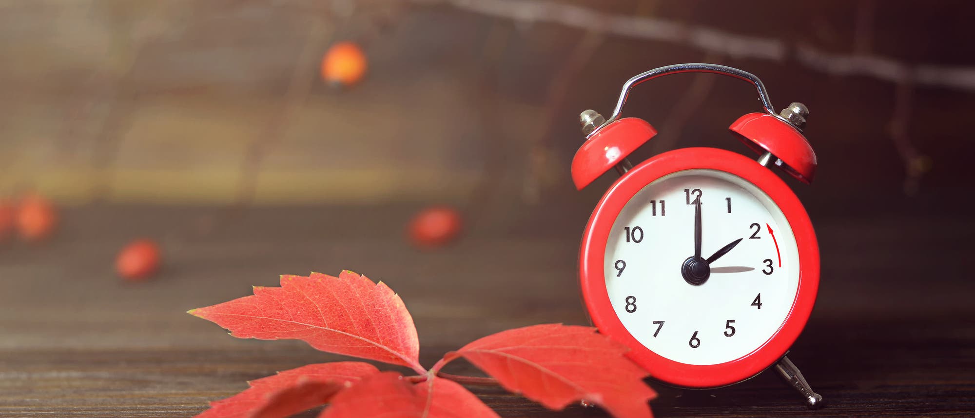 Ein roter Wecker zeigt 10:10 Uhr an und steht auf einem Holztisch. Daneben liegen rote Herbstblätter. Im Hintergrund sind unscharfe Zweige und rote Beeren zu sehen. Die Szene vermittelt ein herbstliches Gefühl.