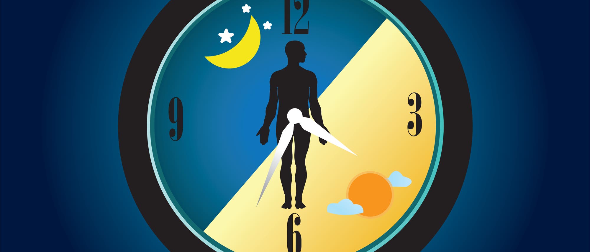 Eine k&uuml;nstlerische Darstellung einer Uhr, die den menschlichen zirkadianen Rhythmus symbolisiert. Die Uhr ist in zwei H&auml;lften geteilt: links eine n&auml;chtliche Szene mit Mond und Sternen, rechts eine Tageszene mit Sonne und Wolken. In der Mitte steht die Silhouette eines Menschen, die als Uhrzeiger fungiert.