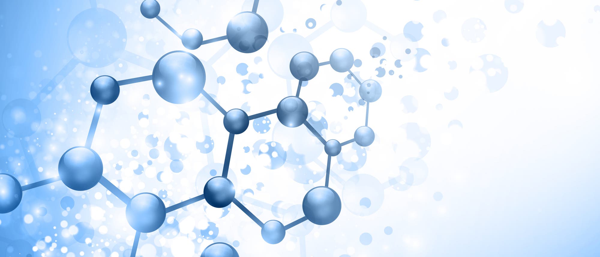 Illustration von Molekülen vor blauem Hintergrund mit hellem Verlauf in der Mitte.