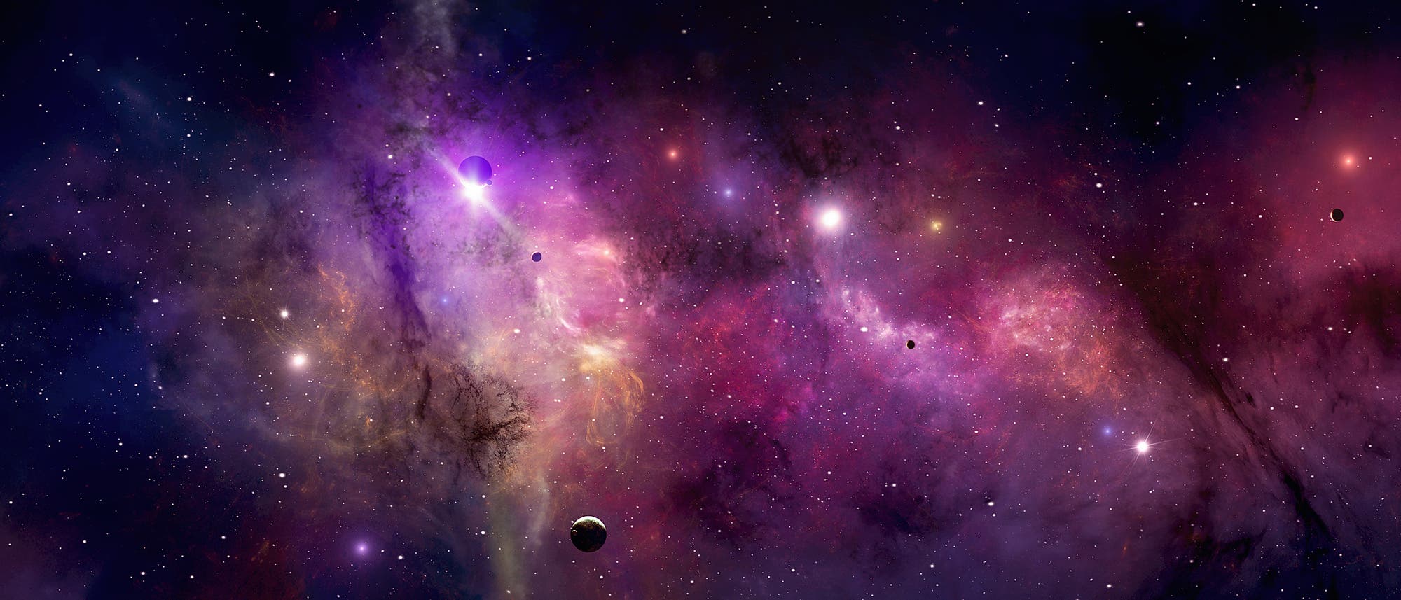 Ein farbenfrohes astronomisches Bild zeigt eine weitl&auml;ufige Weltraumszene mit leuchtenden Nebeln in Violett- und Rosat&ouml;nen. Mehrere helle Sterne und Planeten sind vor einem dunklen, sternen&uuml;bers&auml;ten Hintergrund sichtbar. Die Szene vermittelt die Weite und Sch&ouml;nheit des Universums und hebt die Vielfalt der kosmischen Farben und Formen hervor.