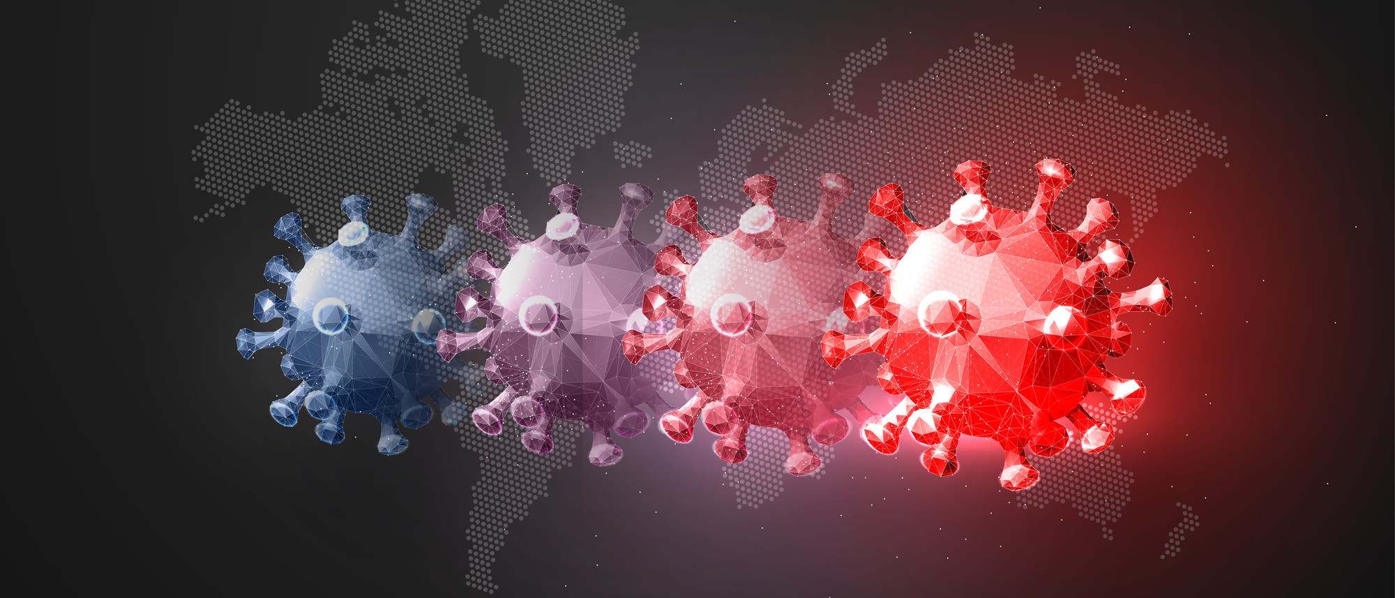 Darstellung dreier Viren mit Farbverlauf von blau zu rot, um die Evolution der Virusvarianten zu veranschaulichen, im Hintergrund eine vereinfachte Weltkarte.
