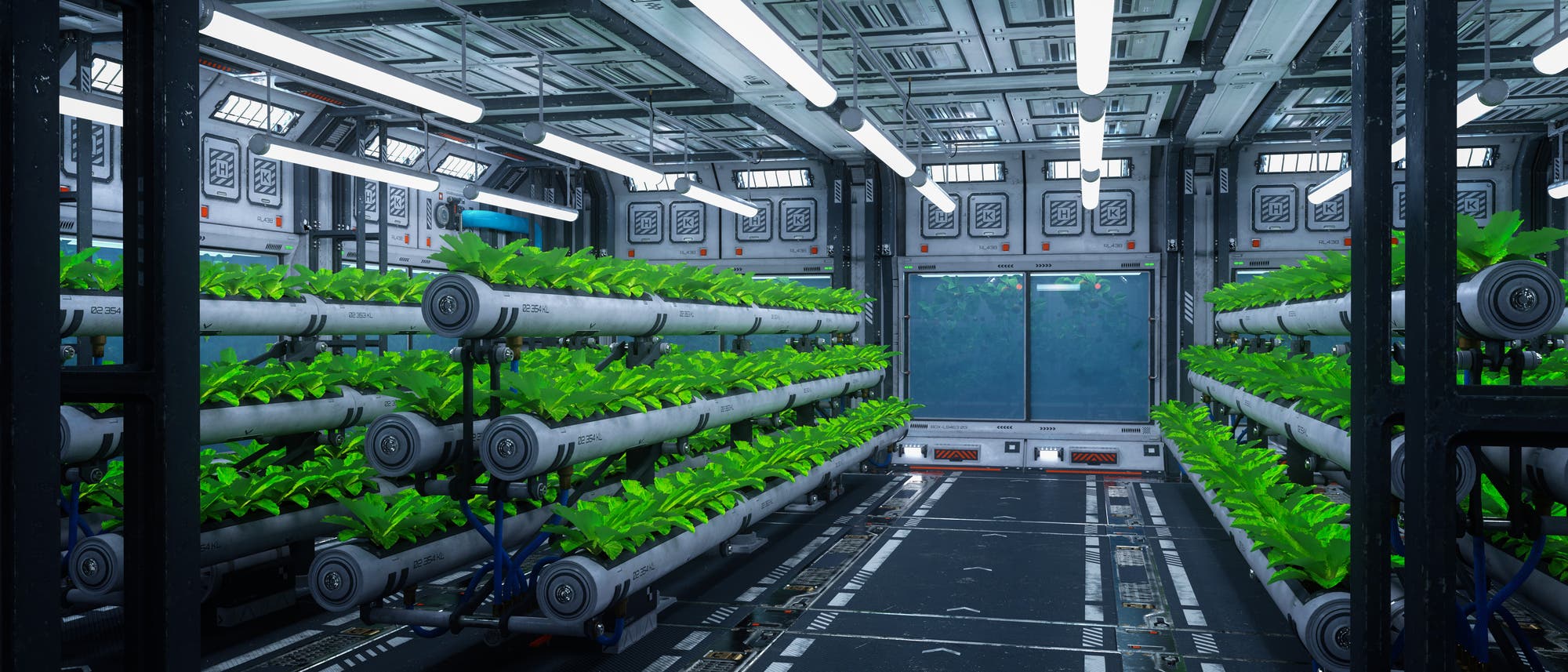 Blick in ein futuristisches Raumschiff. Zu sehen sind mehrere Reihen von Pflanzen, die in horizontalen, r&ouml;hrenf&ouml;rmigen Strukturen wachsen. Die Umgebung ist sauber und technisch, mit hellen Deckenleuchten und gro&szlig;en Fenstern im Hintergrund. Die Pflanzen sind gleichm&auml;&szlig;ig angeordnet und werden in einem kontrollierten System gez&uuml;chtet.