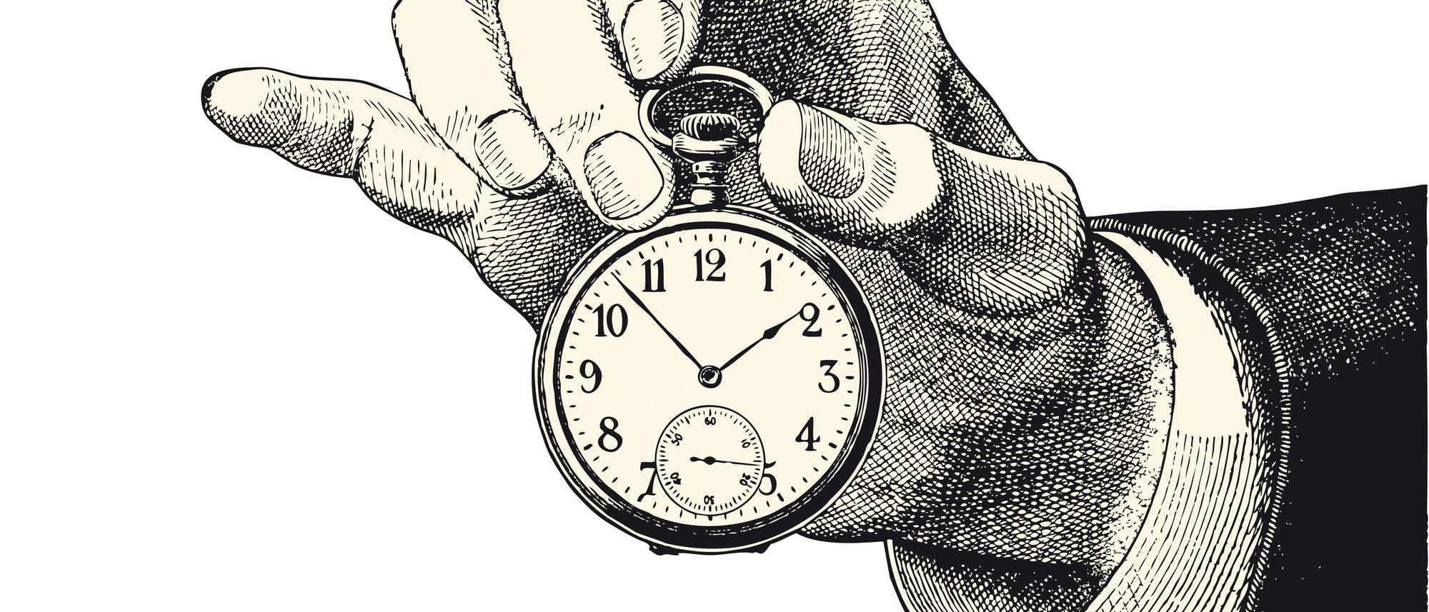 Zeichnung einer Hand, die eine Taschenuhr zum Betrachter hält